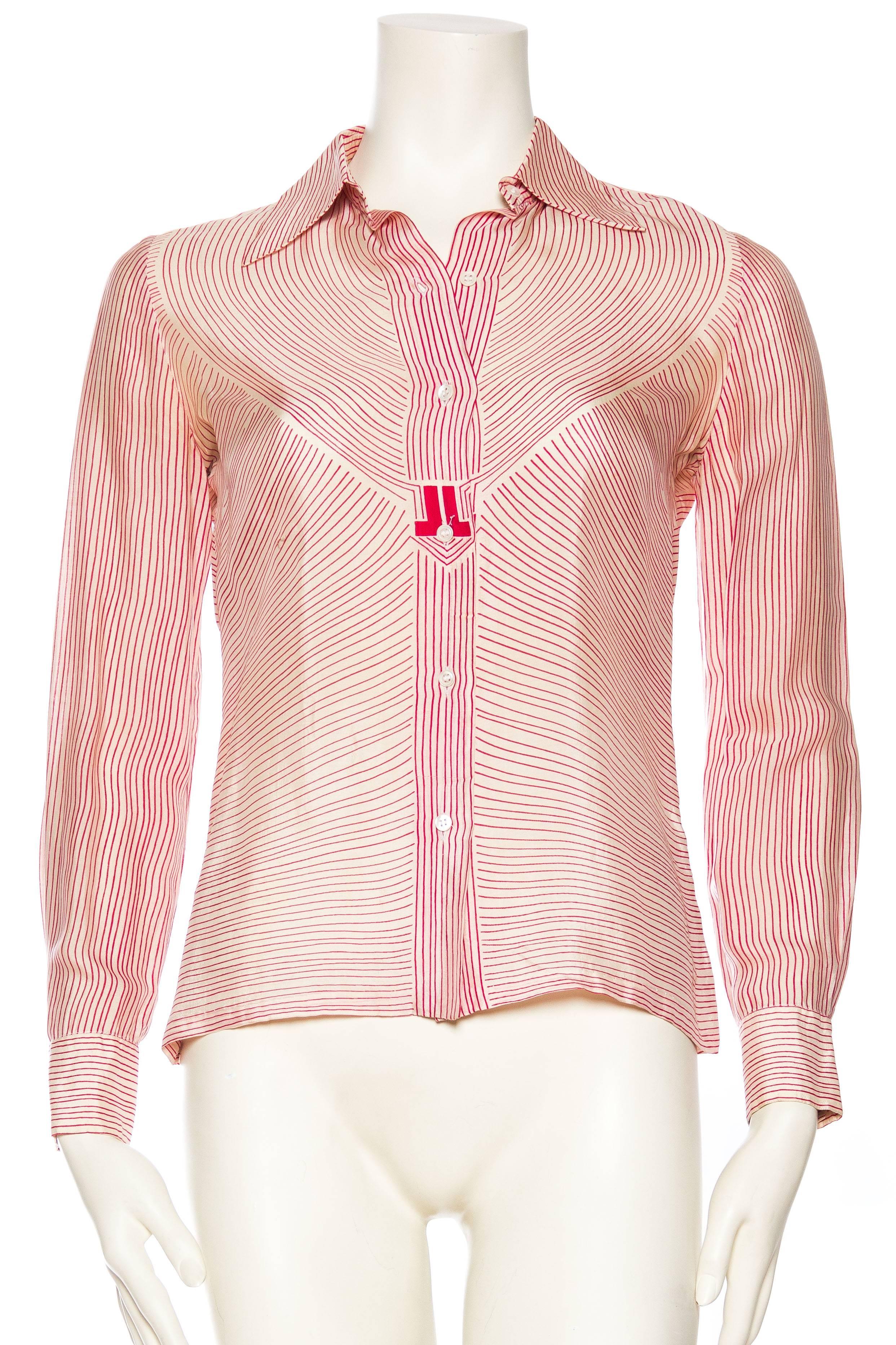 1970s Lanvin Geometric Stripe Logo Blouse