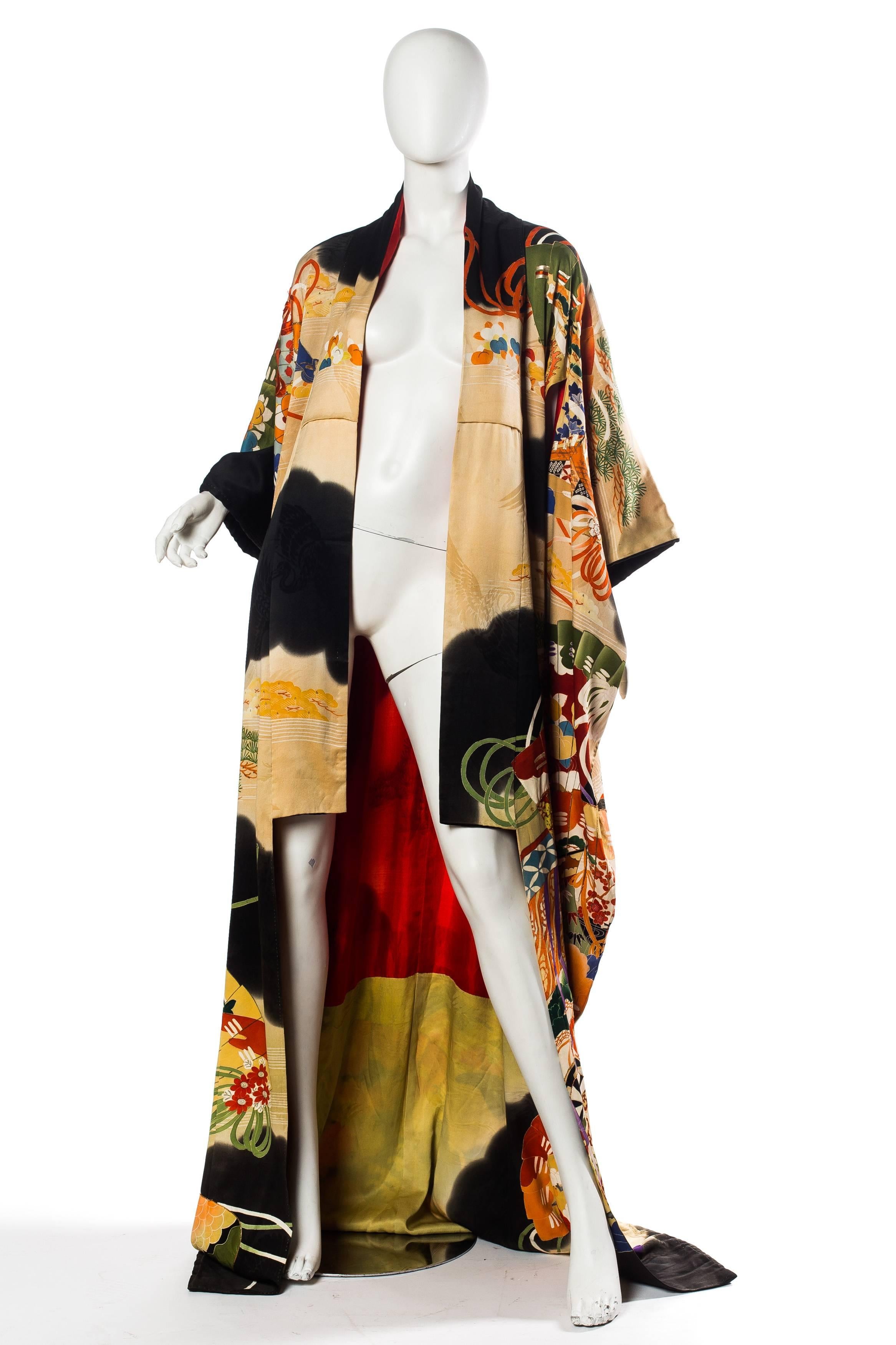 1920S Hand Painted Silk With Fan Print And Metallic Embroidery Kimono 3