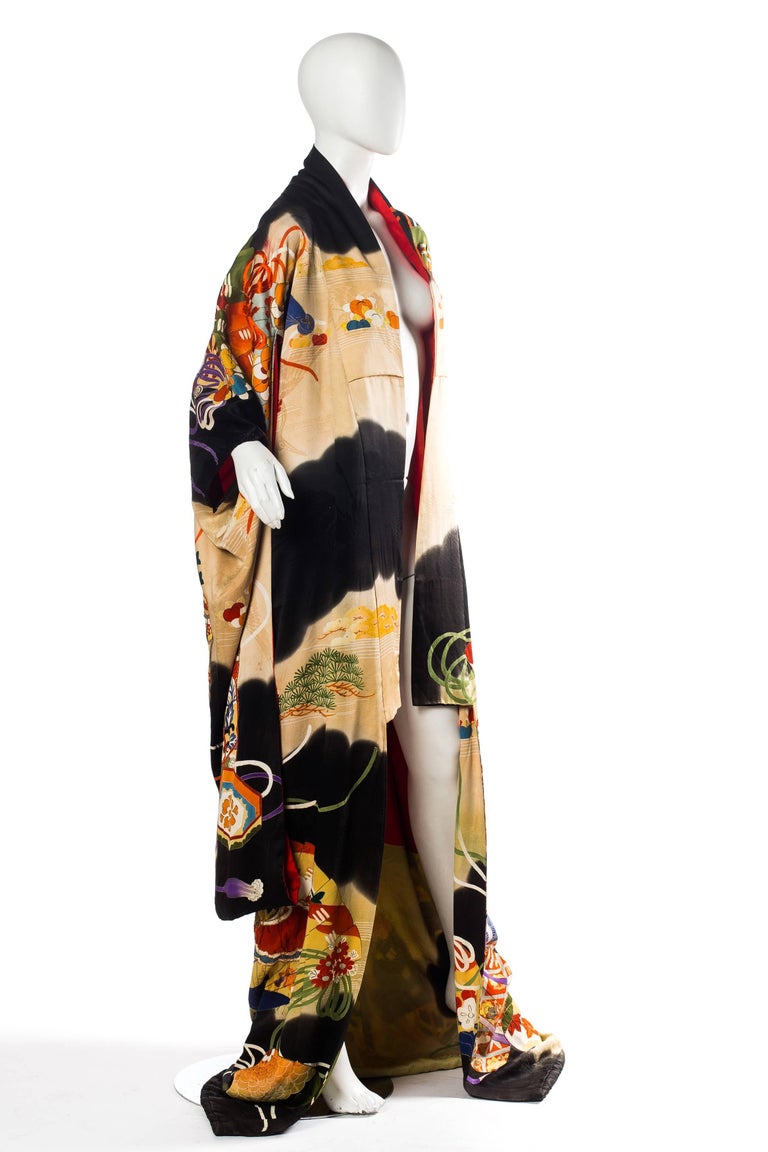 Antique HandPainted Japanese Kimono with Gold and Silk Embroidery For