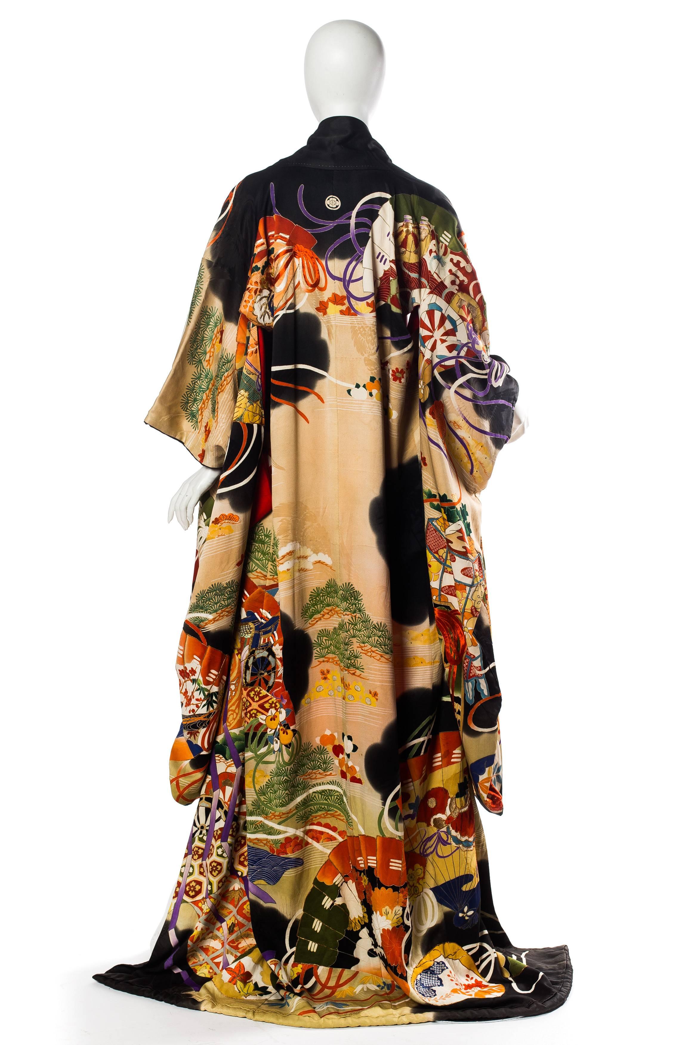 1920S Hand Painted Silk With Fan Print And Metallic Embroidery Kimono 1