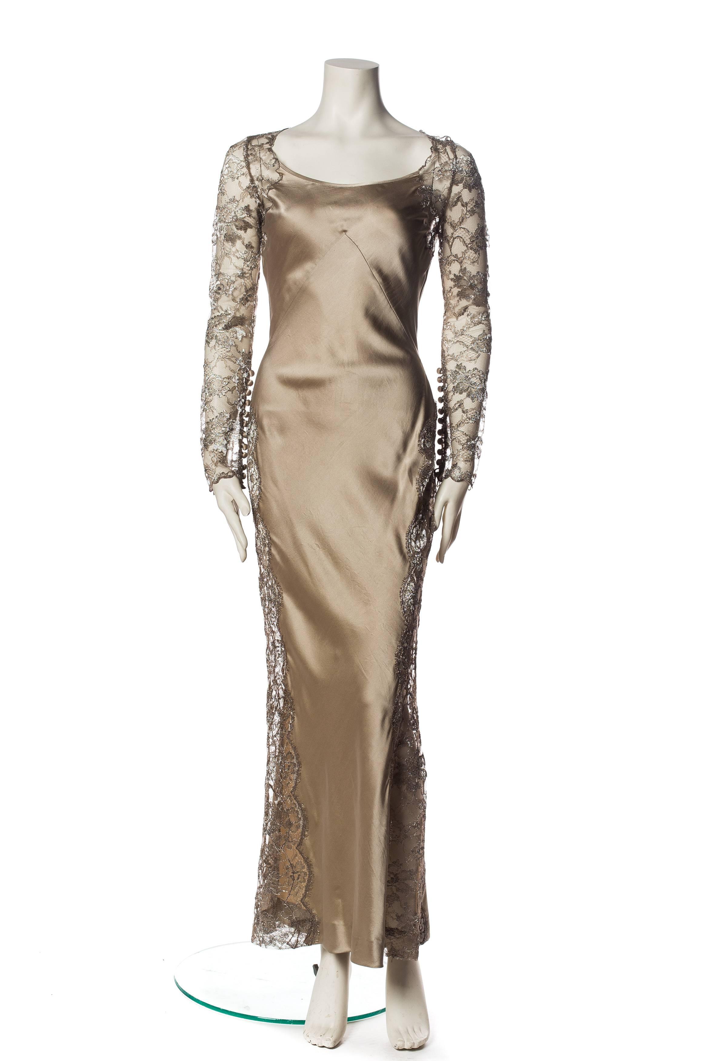 Brown Richard Tyler Washed Silk And Lace Bias Cut Gown Dress For Sale