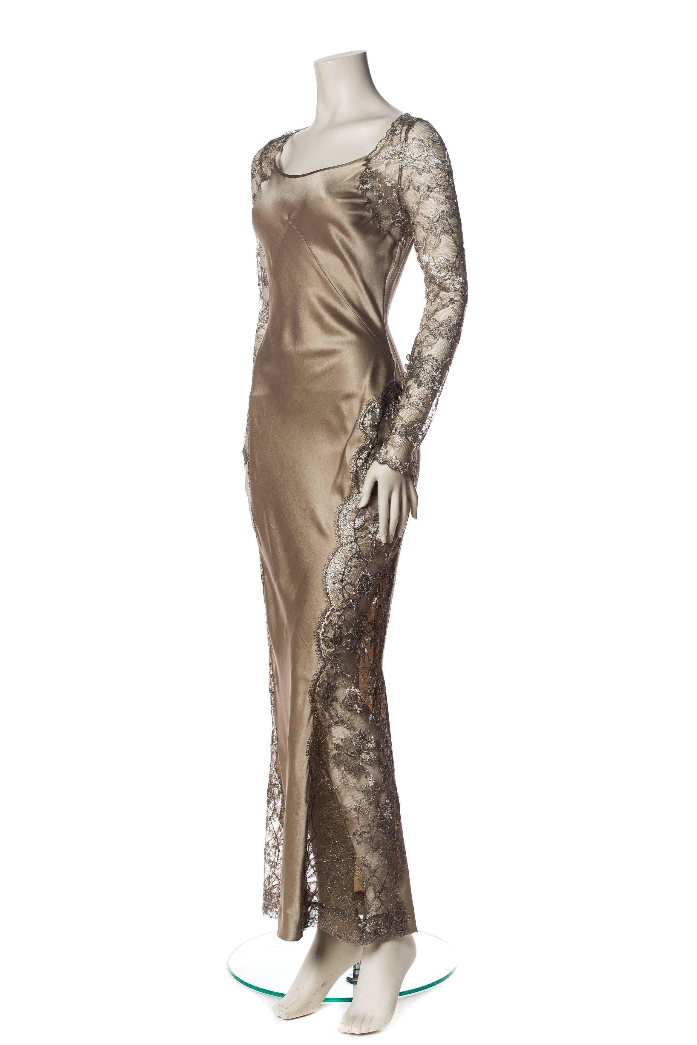 Richard Tyler Washed Silk And Lace Bias Cut Gown Dress In Excellent Condition For Sale In New York, NY
