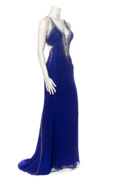 1990S Cobalt Blue Silk Chiffon Backless & Trained Gown With Silver Beading