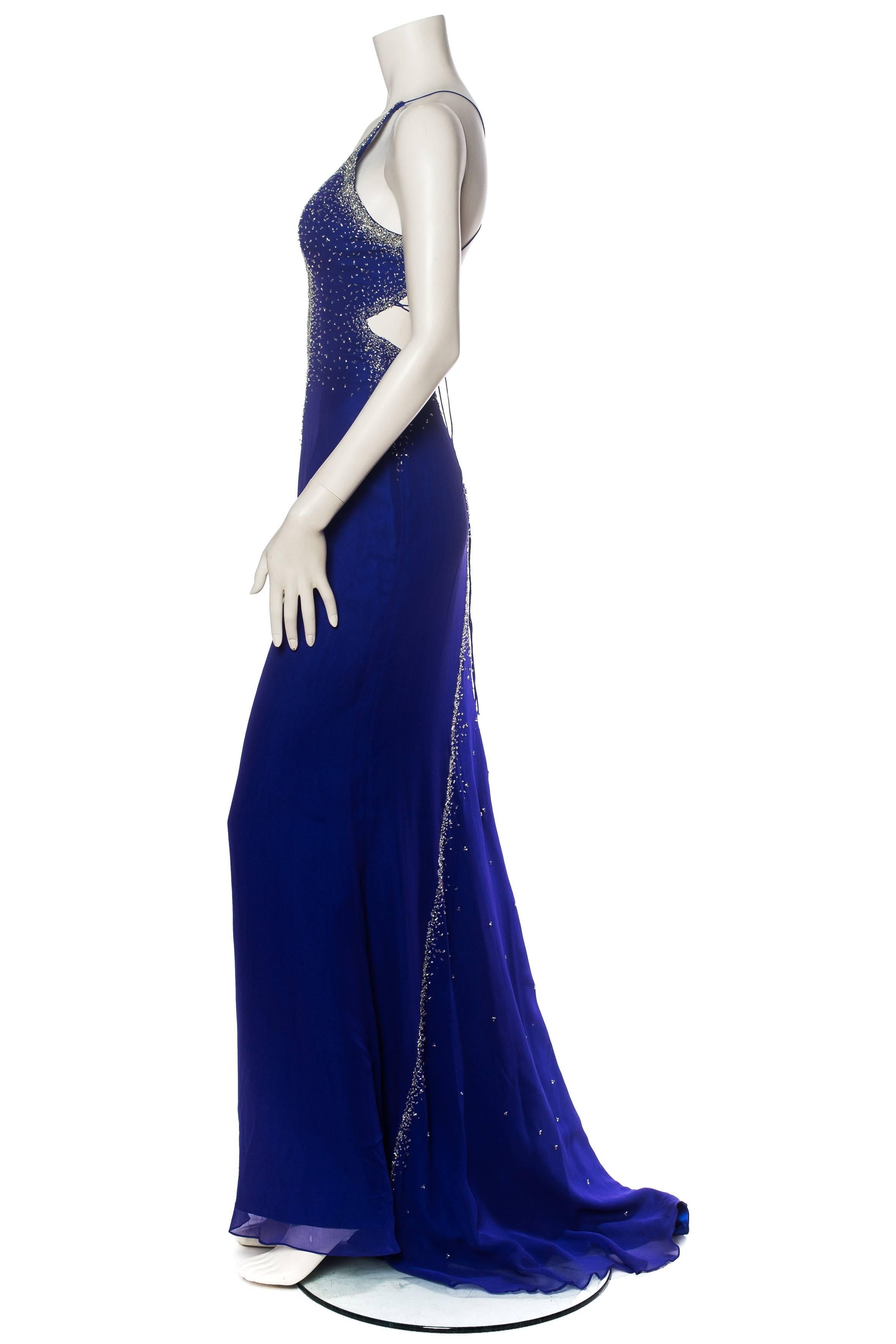 1990S Cobalt Blue Silk Chiffon Backless & Trained Gown With Silver Beading In Excellent Condition For Sale In New York, NY