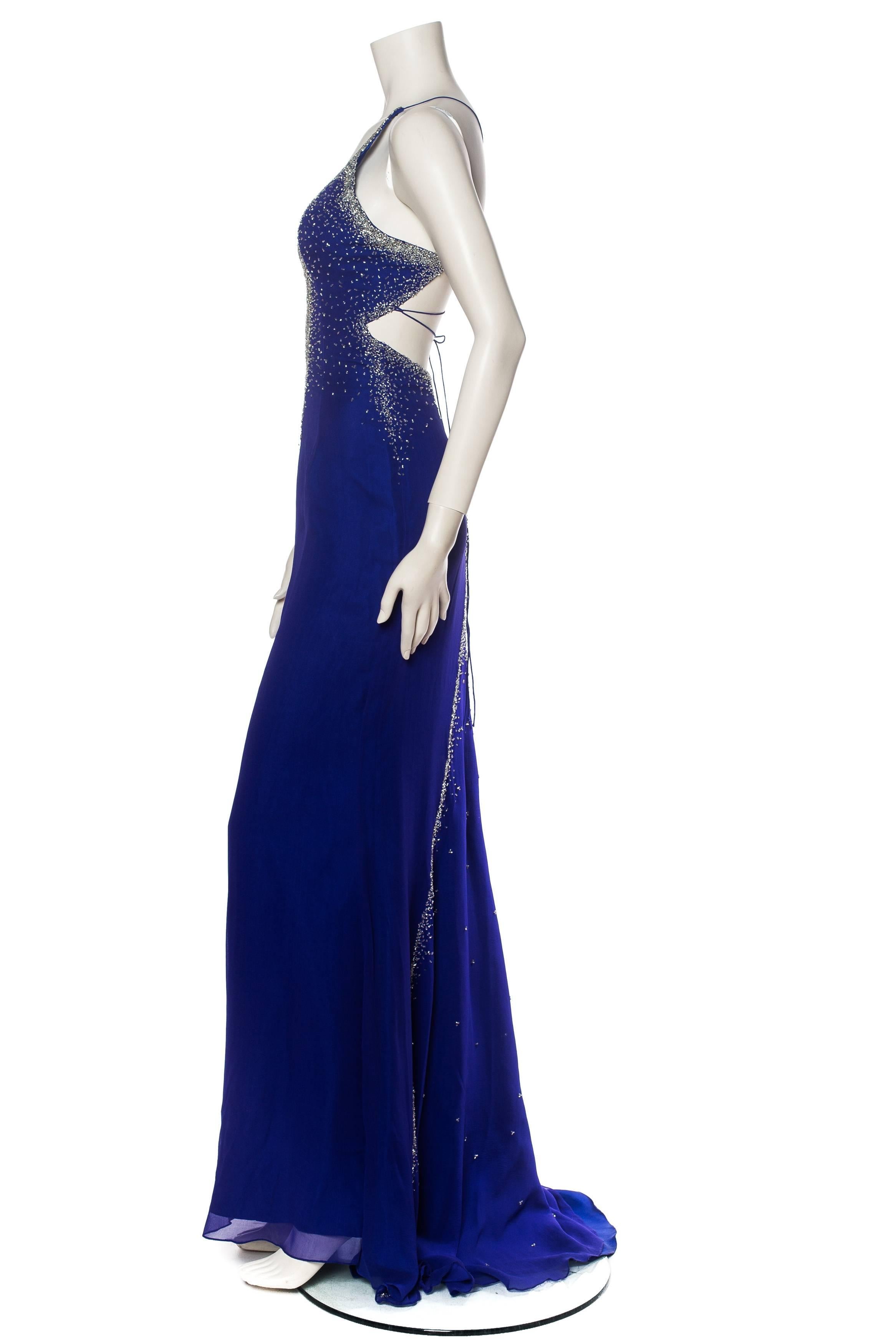 Purple 1990S Cobalt Blue Silk Chiffon Backless & Trained Gown With Silver Beading For Sale