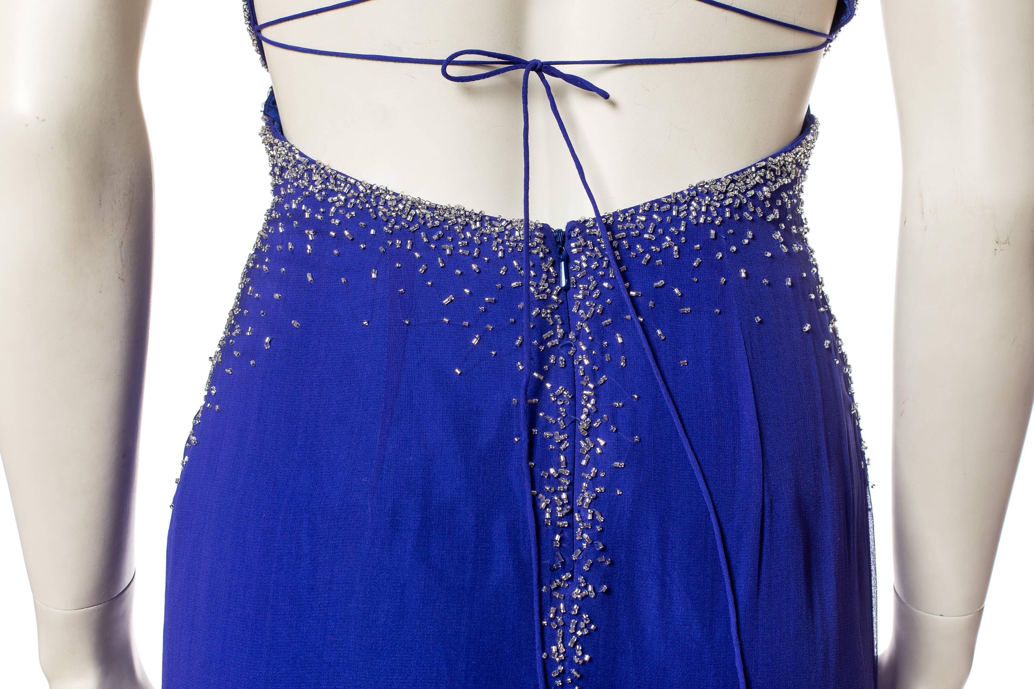 1990S Cobalt Blue Silk Chiffon Backless & Trained Gown With Silver Beading For Sale 1