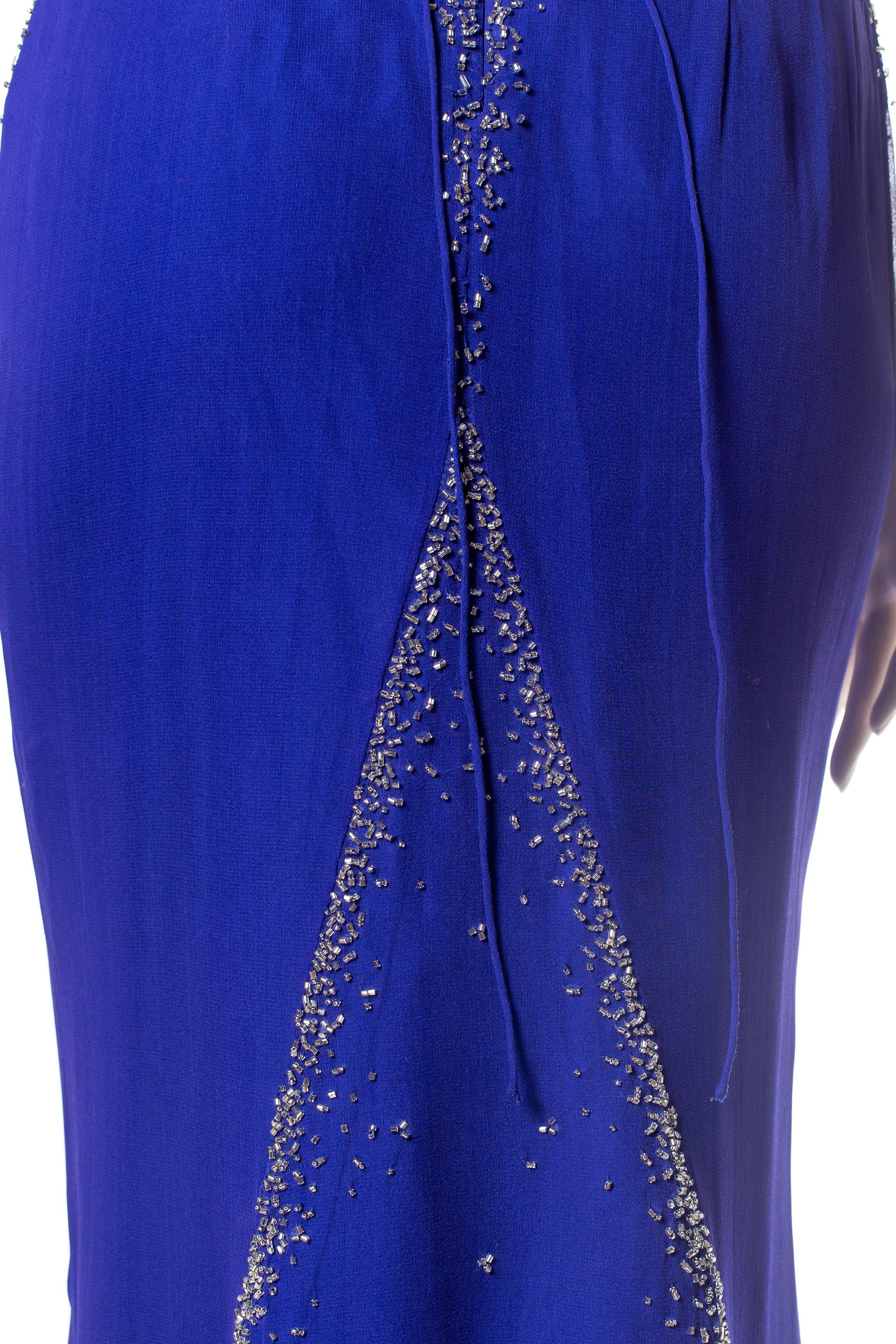 Women's 1990S Cobalt Blue Silk Chiffon Backless & Trained Gown With Silver Beading For Sale