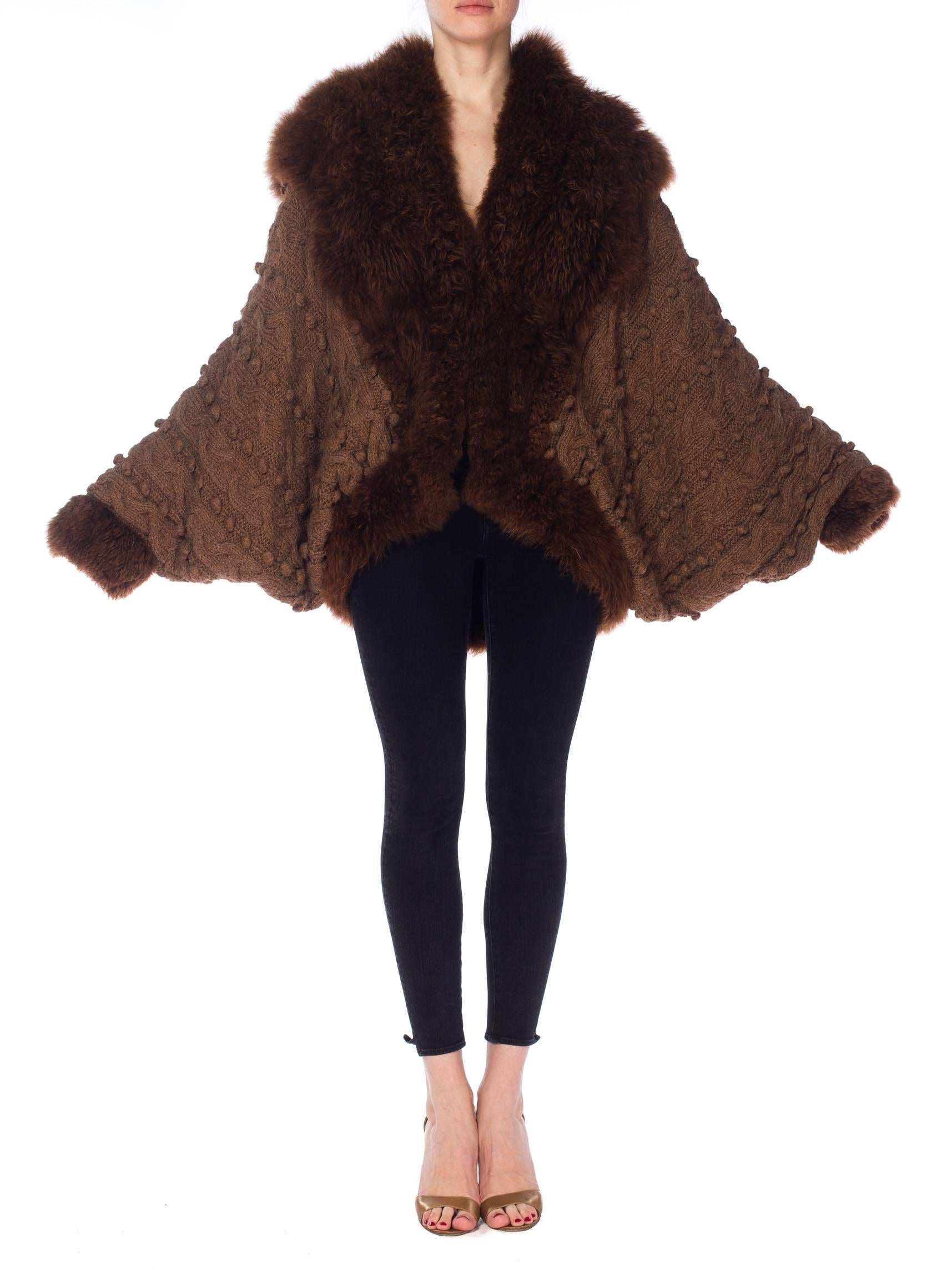 Black 1980S Brown Fox Fur And Dolman Sleeve Sweater Coat