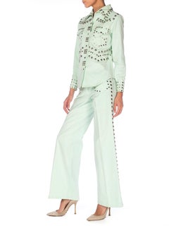 1970S Mint Green Cotton Denim Studded Two Piece Jacket And Jeans Pant Suit