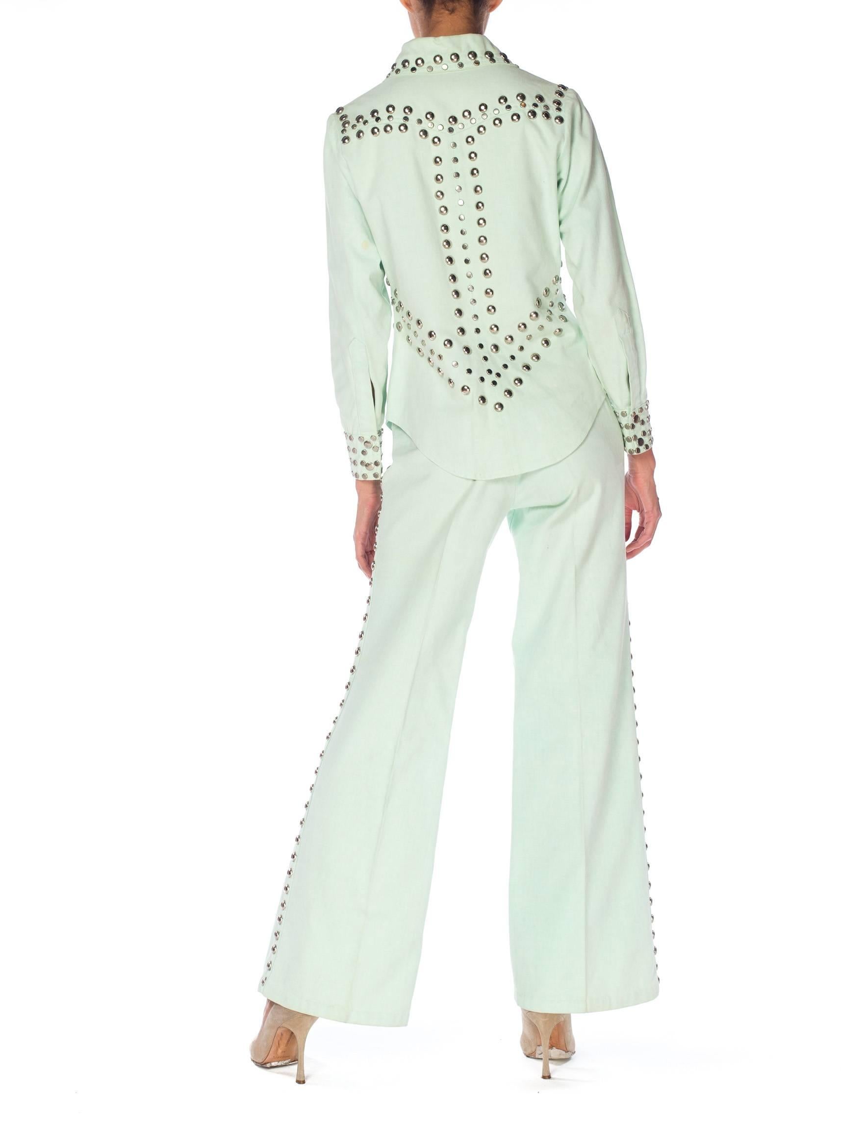 Gray 1970S Mint Green Cotton Denim Studded Two Piece Jacket And Jeans Pant Suit