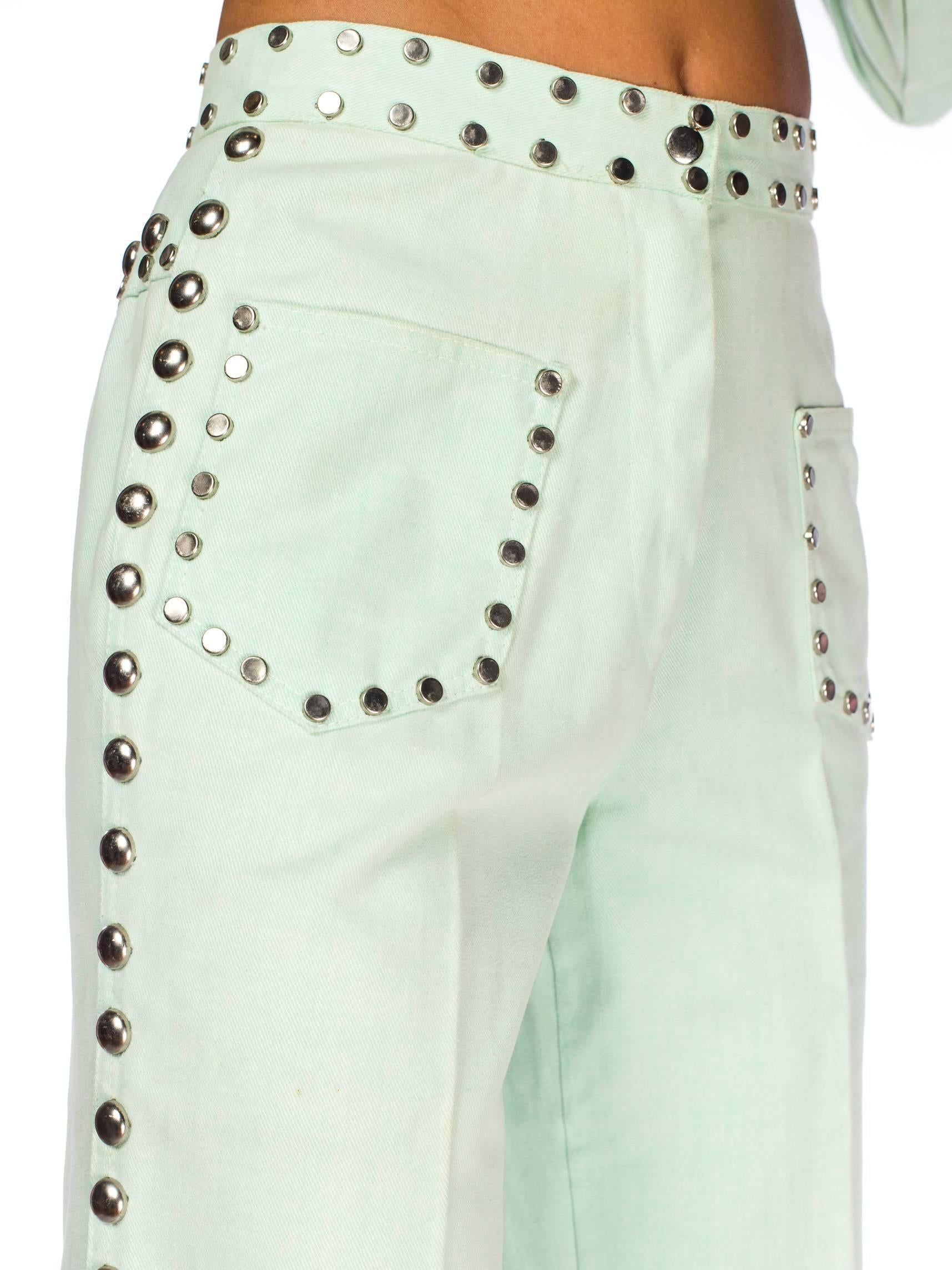 Women's 1970S Mint Green Cotton Denim Studded Two Piece Jacket And Jeans Pant Suit