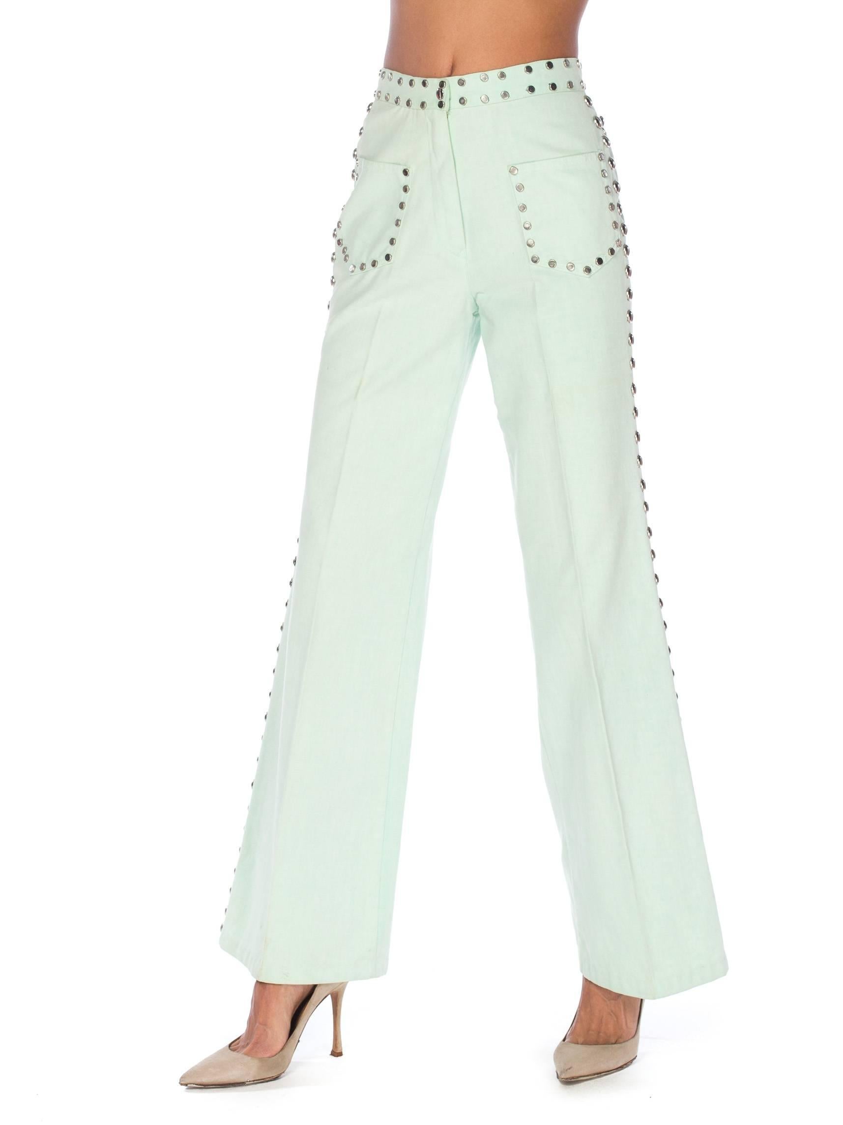 1970S Mint Green Cotton Denim Studded Two Piece Jacket And Jeans Pant Suit In Excellent Condition In New York, NY