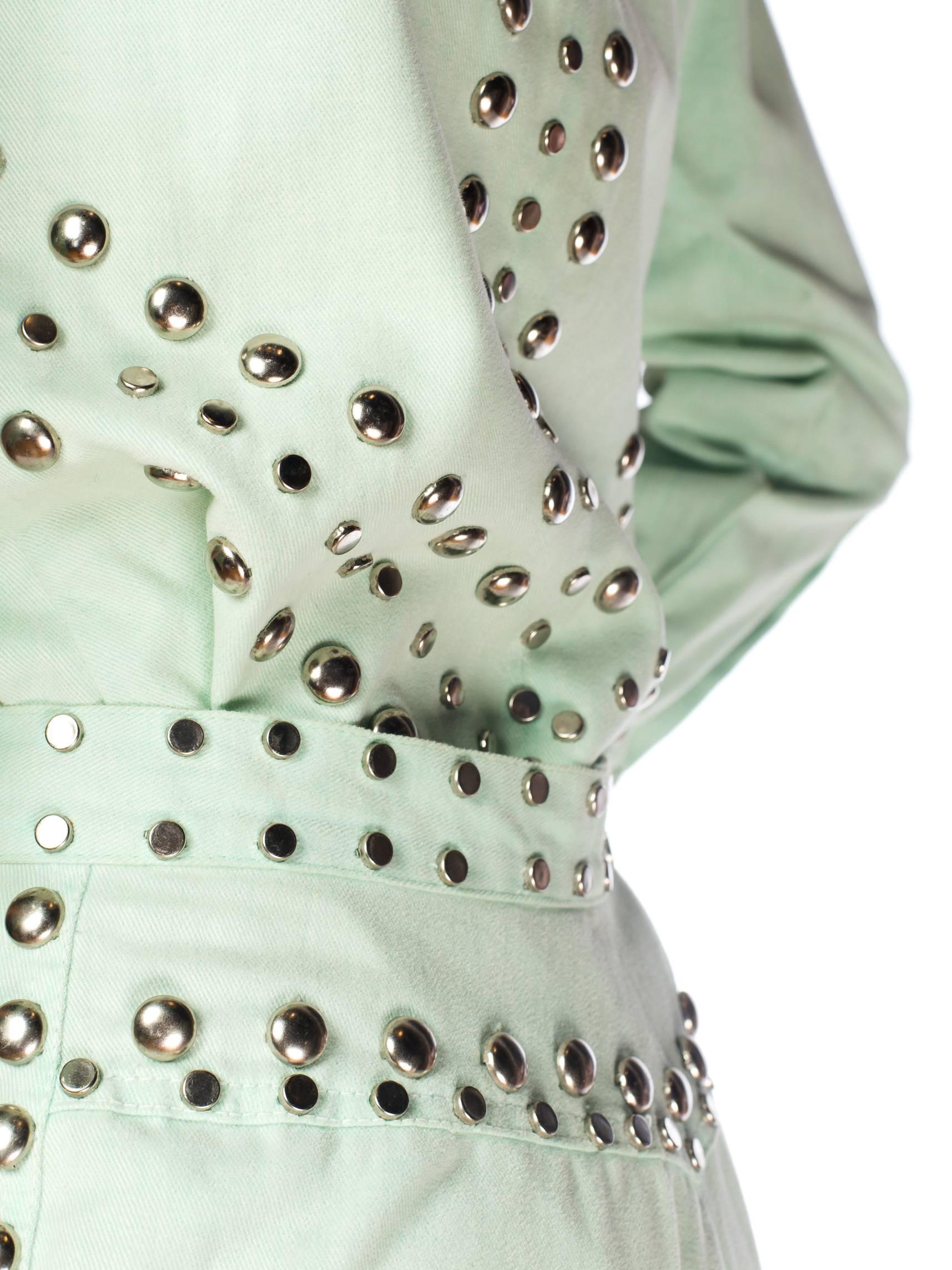 1970S Mint Green Cotton Denim Studded Two Piece Jacket And Jeans Pant Suit 1