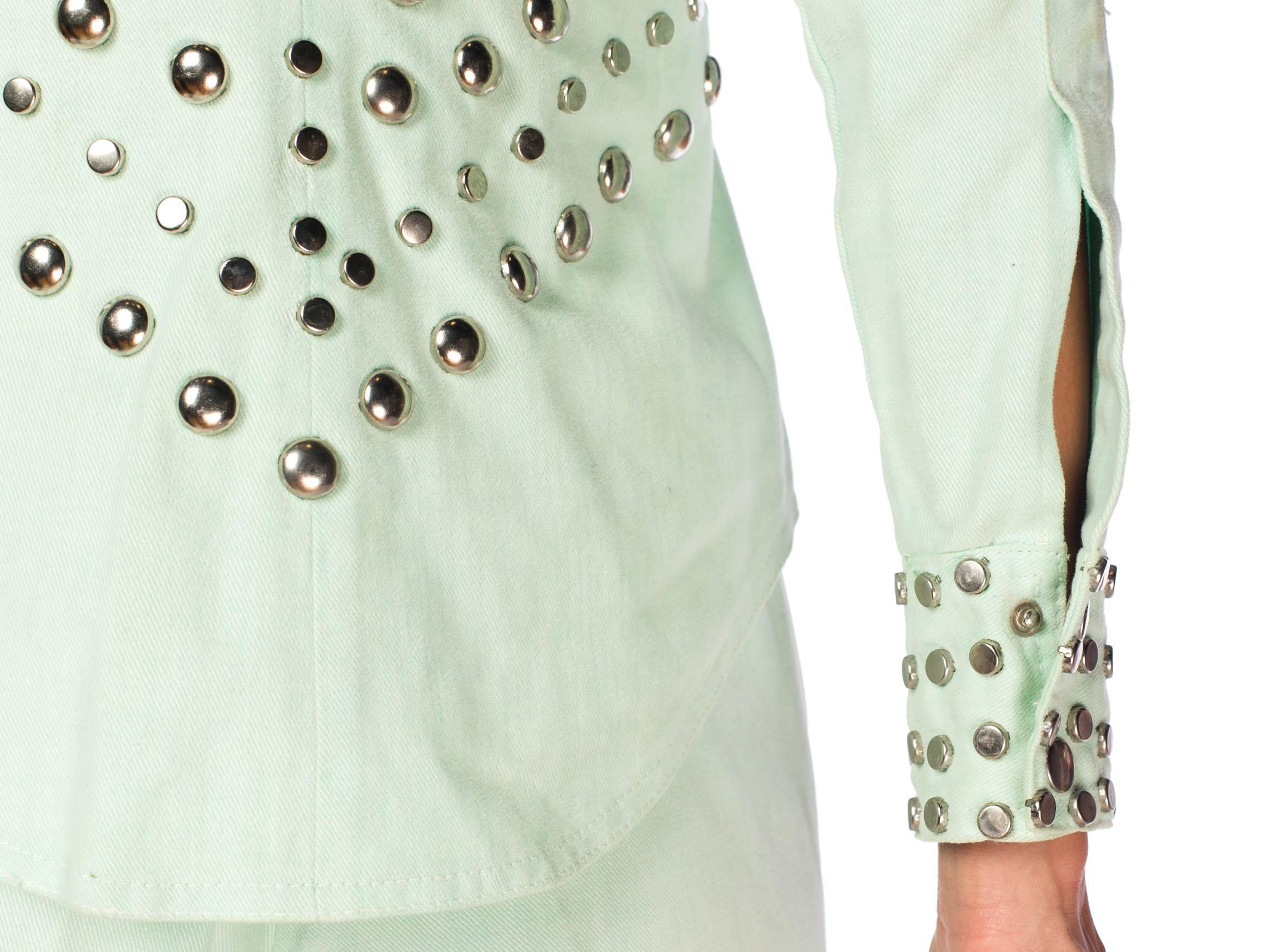 1970S Mint Green Cotton Denim Studded Two Piece Jacket And Jeans Pant Suit 3