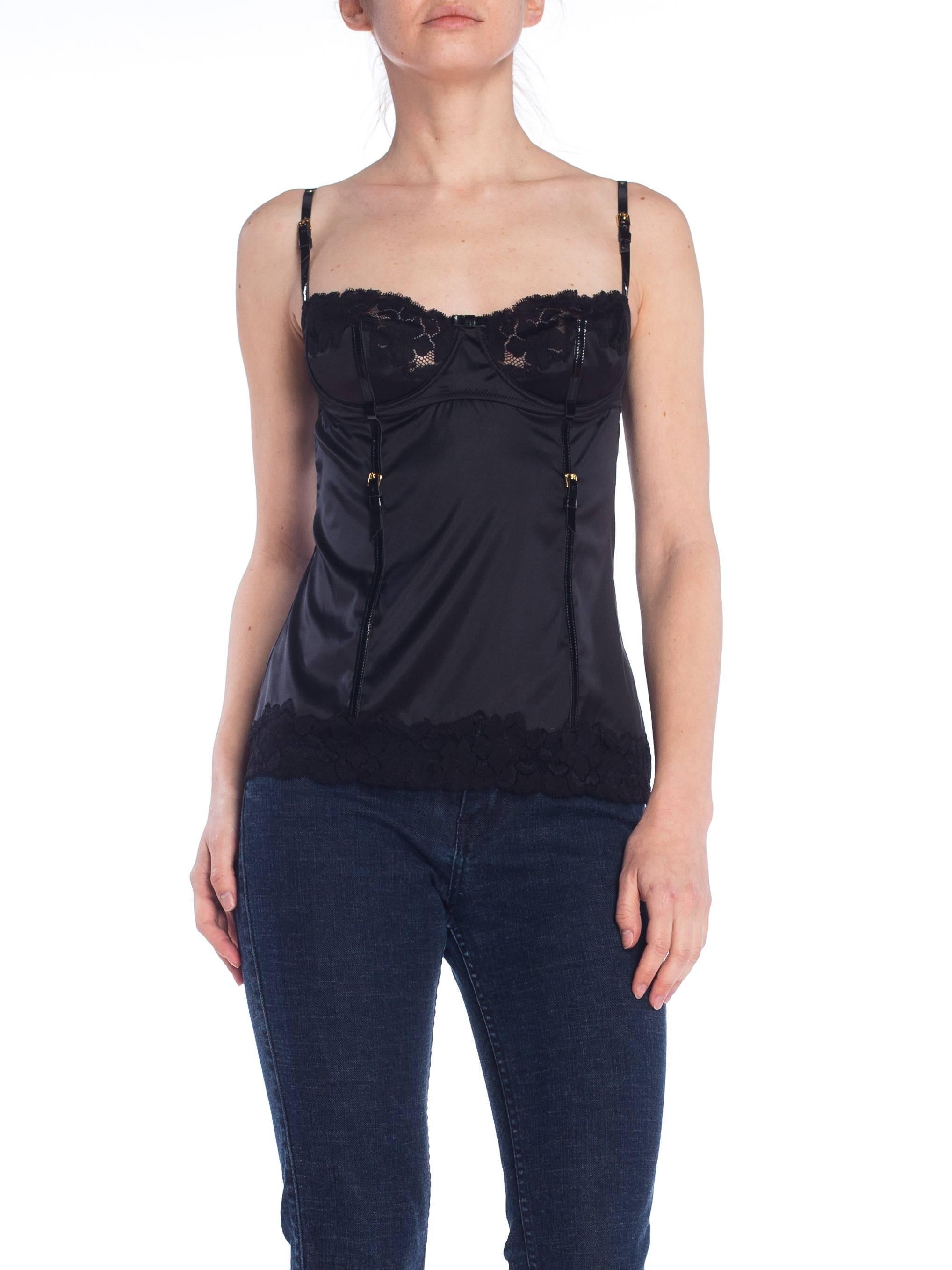 Dolce & Gabbana Silk Cami with Patent Leather & Lace Details