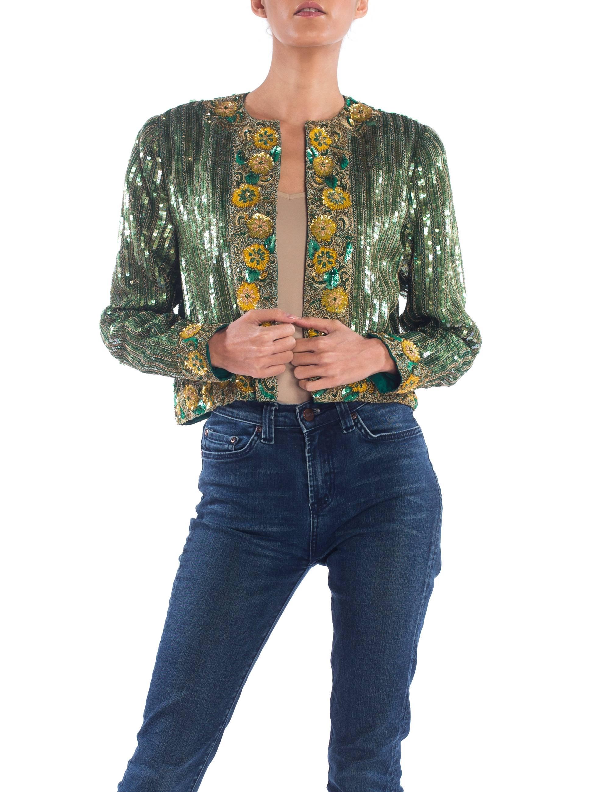 Women's 1980S RICHILENE Emerald Green Silk Jacket Beaded With Gold Flowers & Embroidery