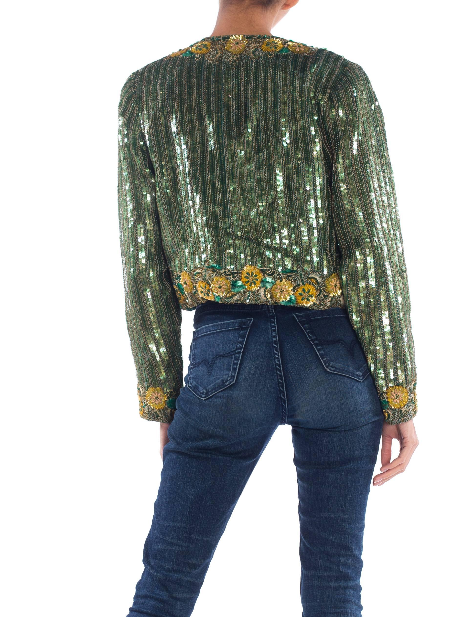 Gray 1980S RICHILENE Emerald Green Silk Jacket Beaded With Gold Flowers & Embroidery