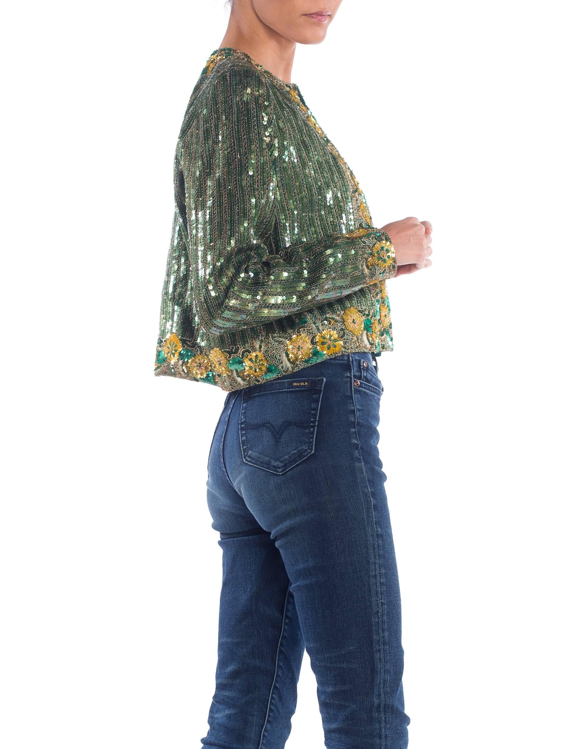 1980S RICHILENE Emerald Green Silk Jacket Beaded With Gold Flowers & Embroidery In Excellent Condition In New York, NY