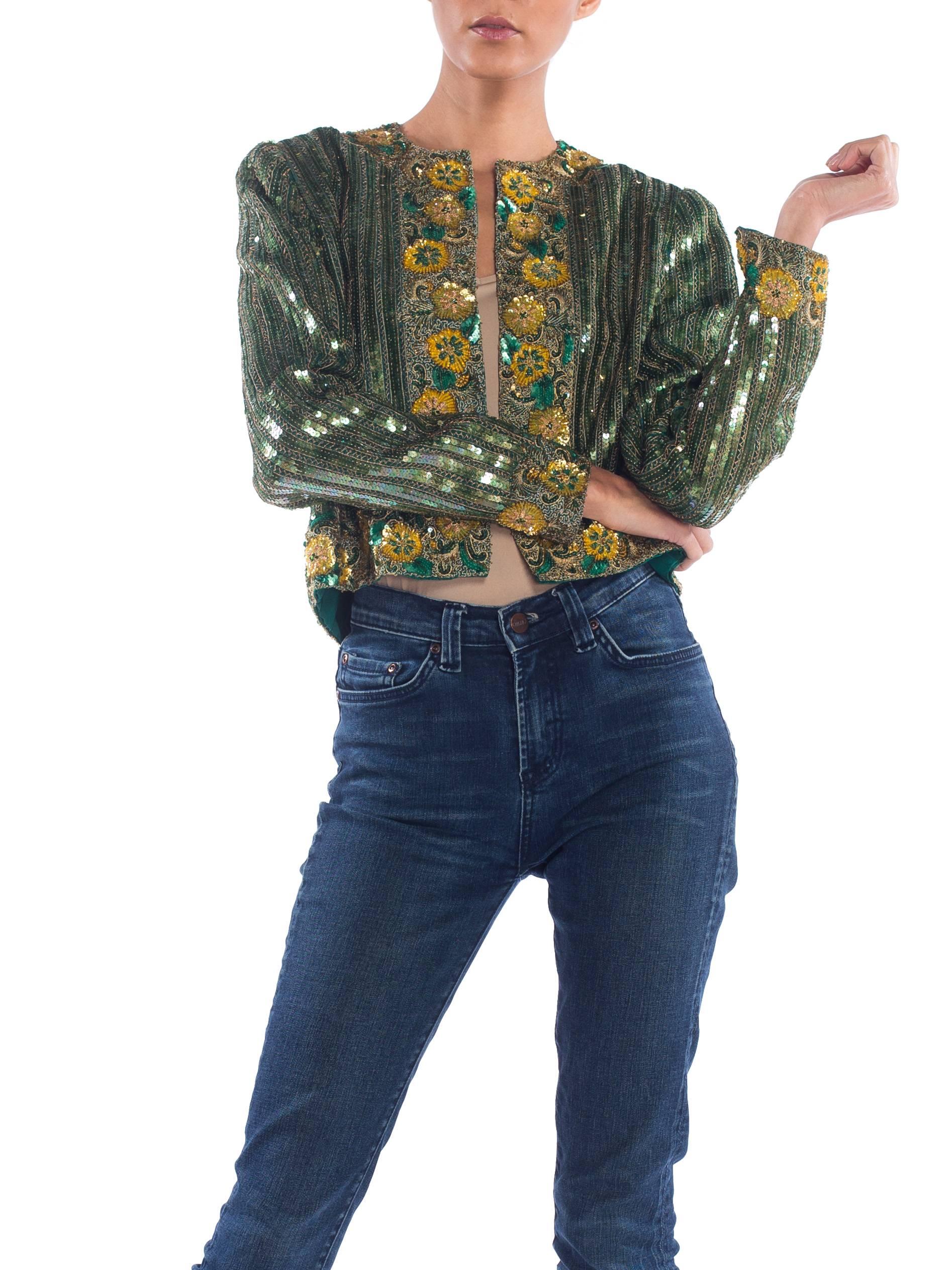 1980S RICHILENE Emerald Green Silk Jacket Beaded With Gold Flowers & Embroidery 1