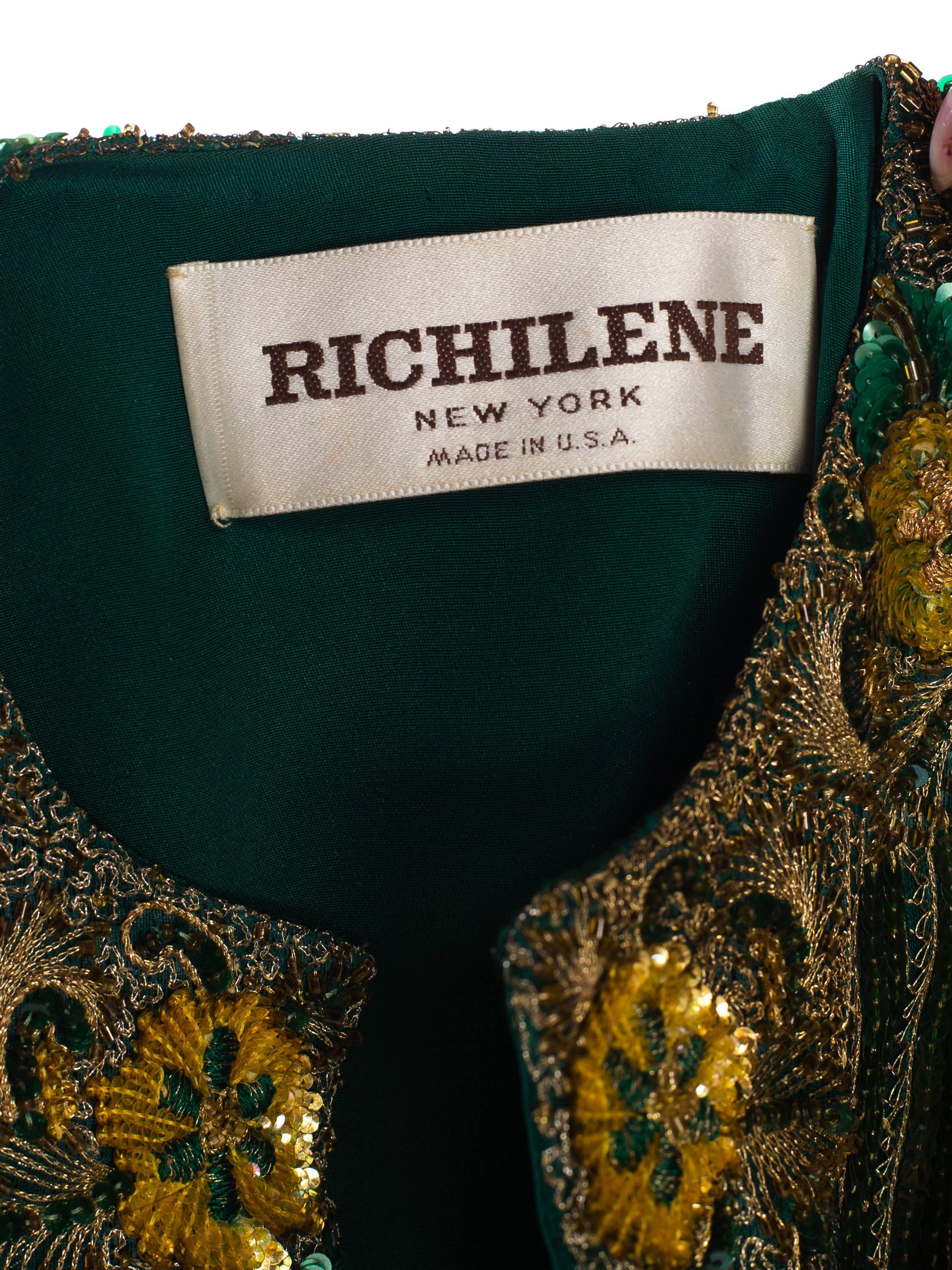 1980S RICHILENE Emerald Green Silk Jacket Beaded With Gold Flowers & Embroidery 4