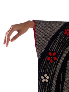 1940S Black Japanese Shibori Silk Geometric Floral Long Length Kimono