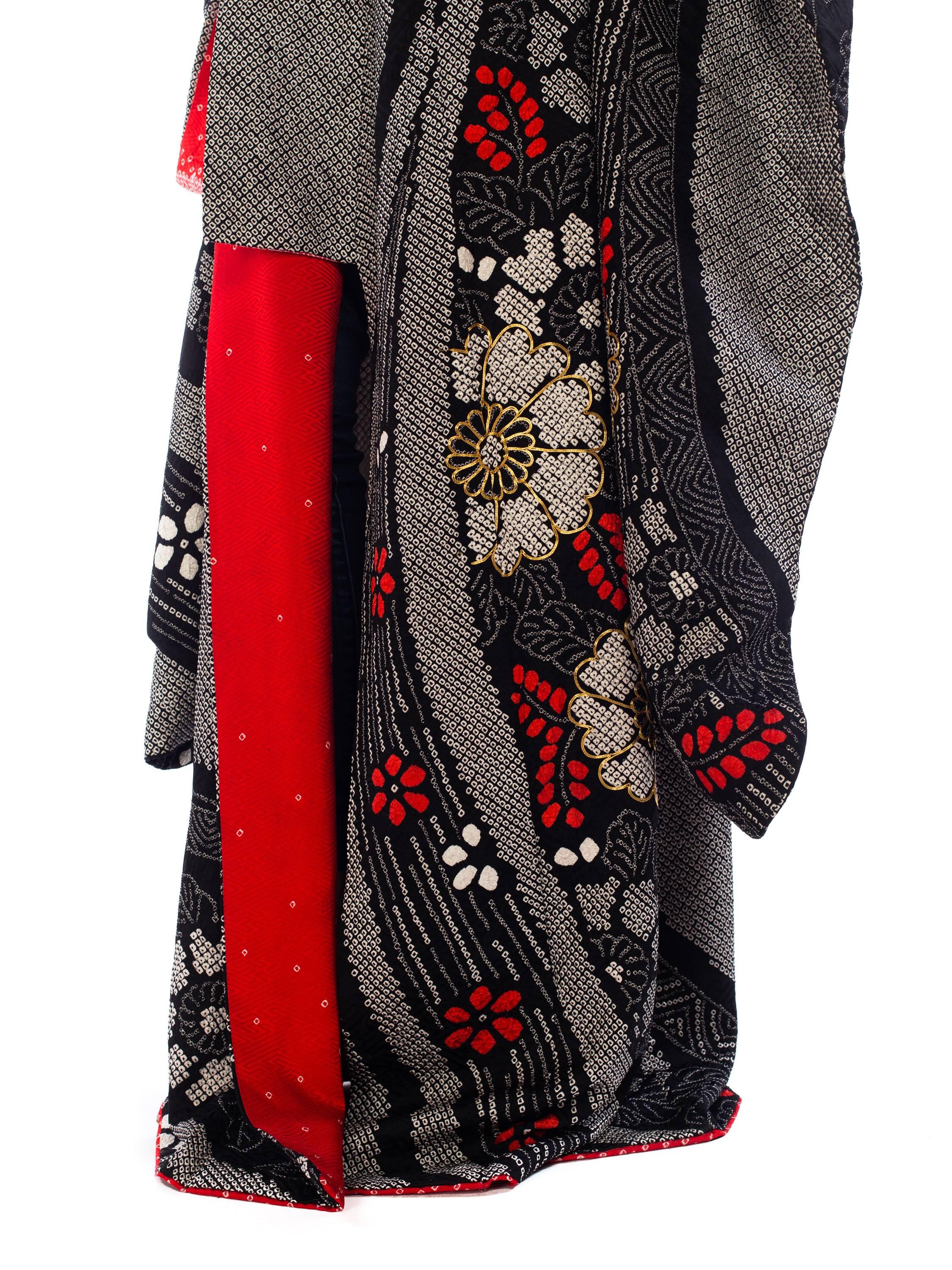 1940S Black Japanese Shibori Silk Geometric Floral Long Length Kimono 1