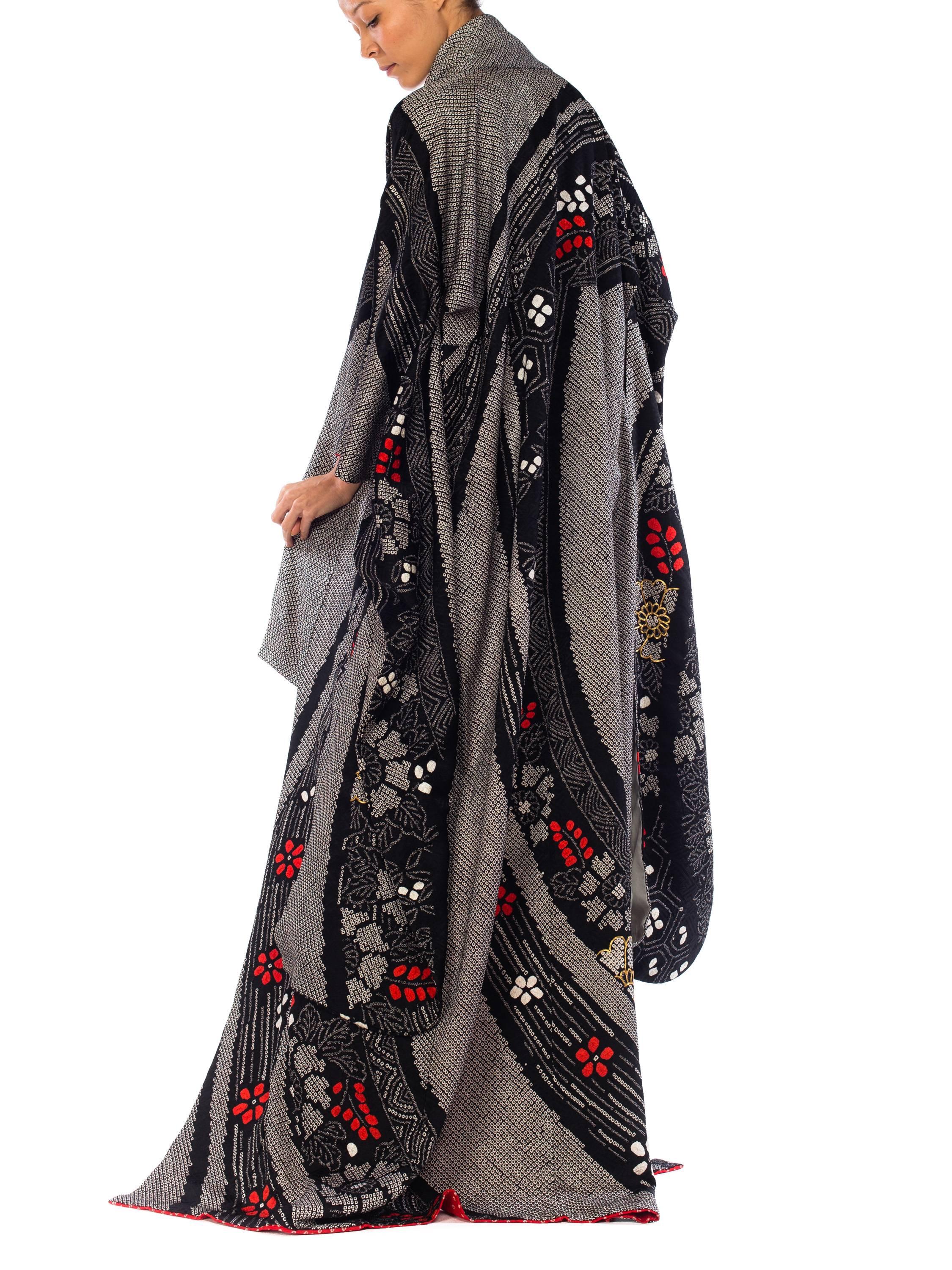 1940S Black Japanese Shibori Silk Geometric Floral Long Length Kimono 4