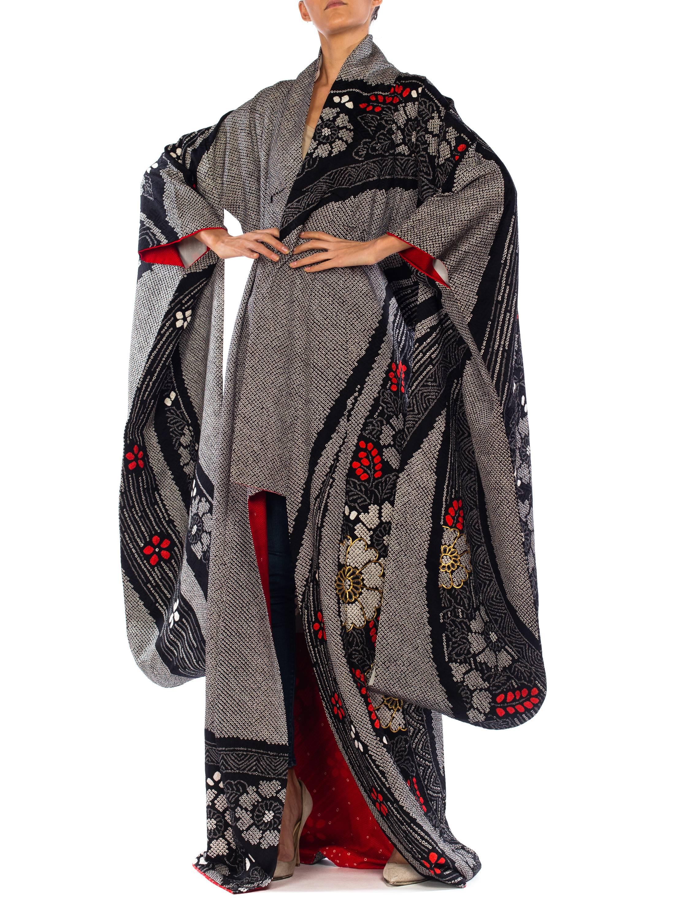 1940S Black Japanese Shibori Silk Geometric Floral Long Length Kimono 3