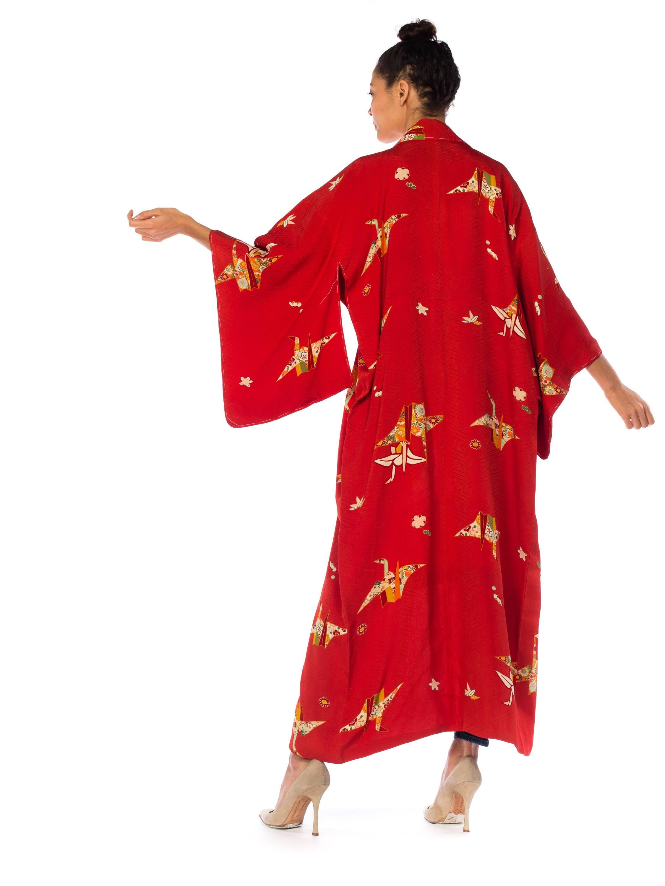 1960S Red Silk Asian Floral Paper Crane  Kimono Long Length For Sale 3