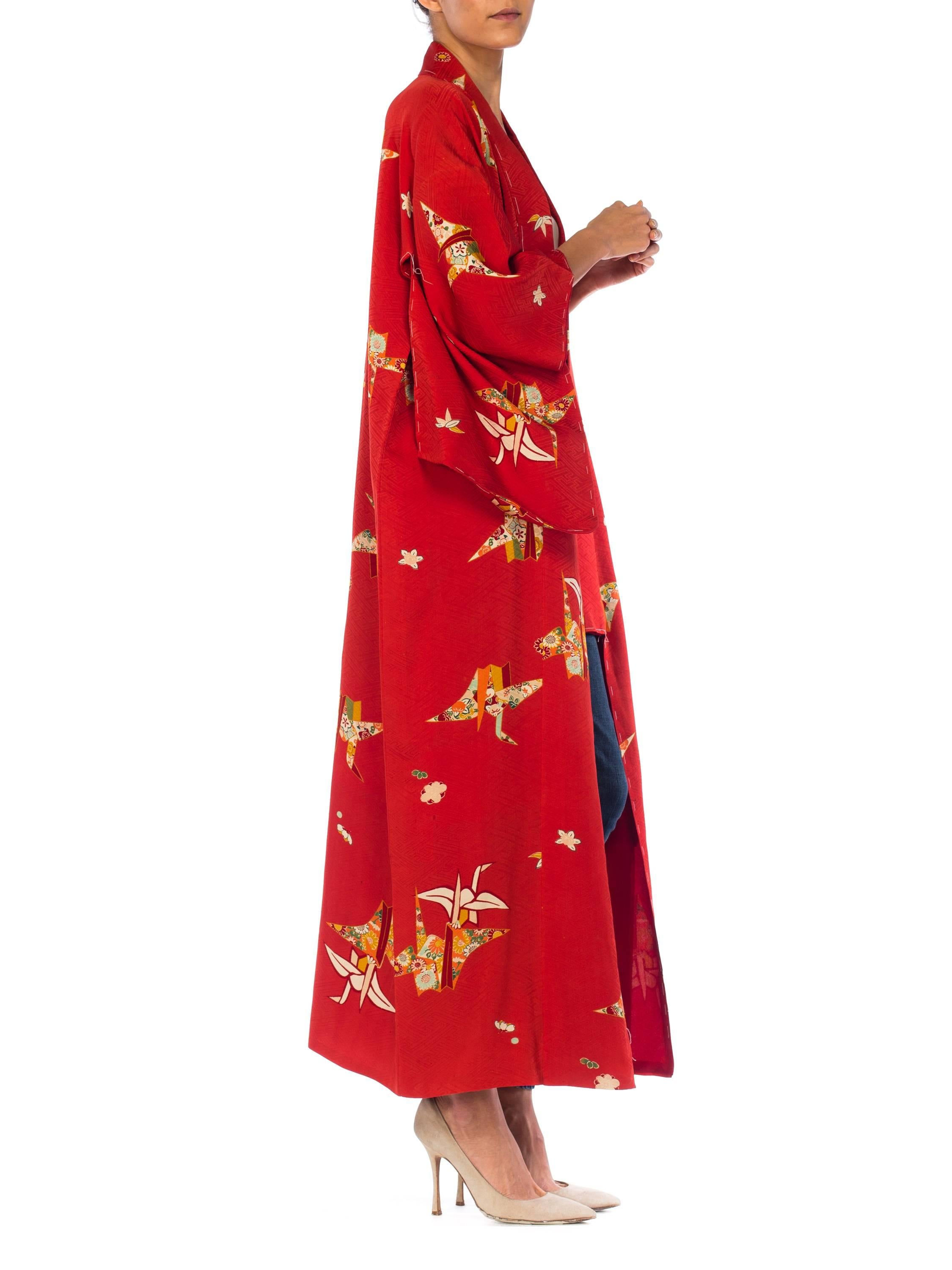 1960S Red Silk Asian Floral Paper Crane  Kimono Long Length For Sale 1