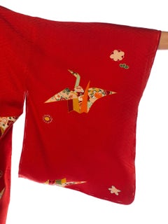 1960S Red Silk Asian Floral Paper Crane  Kimono Long Length