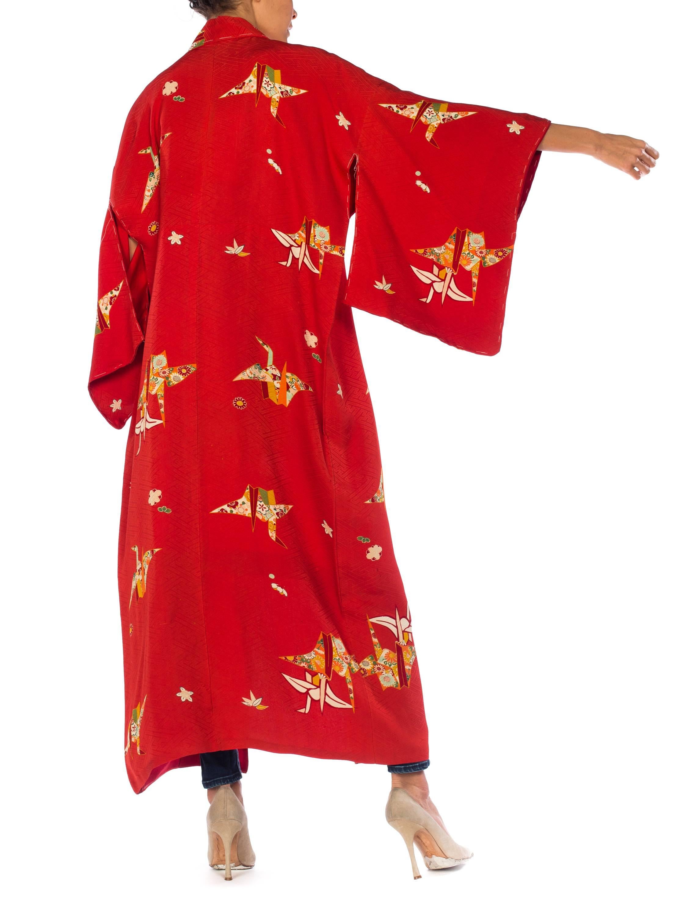 1960S Red Silk Asian Floral Paper Crane  Kimono Long Length For Sale 2