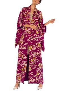 1950S Silk Deep Magenta Floral Bamboo Printed Kimono