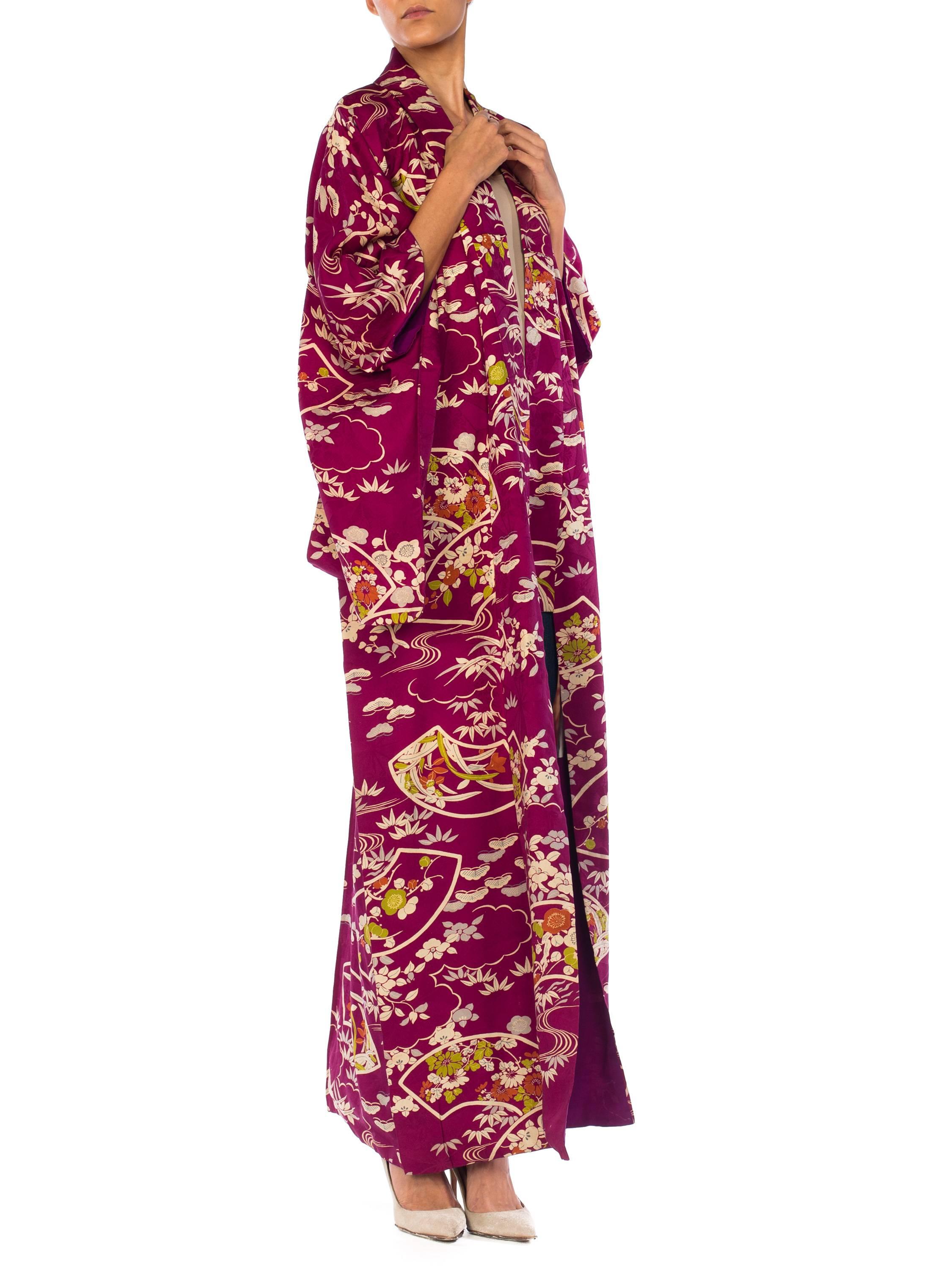 Red 1950S Silk Deep Magenta Floral Bamboo Printed Kimono