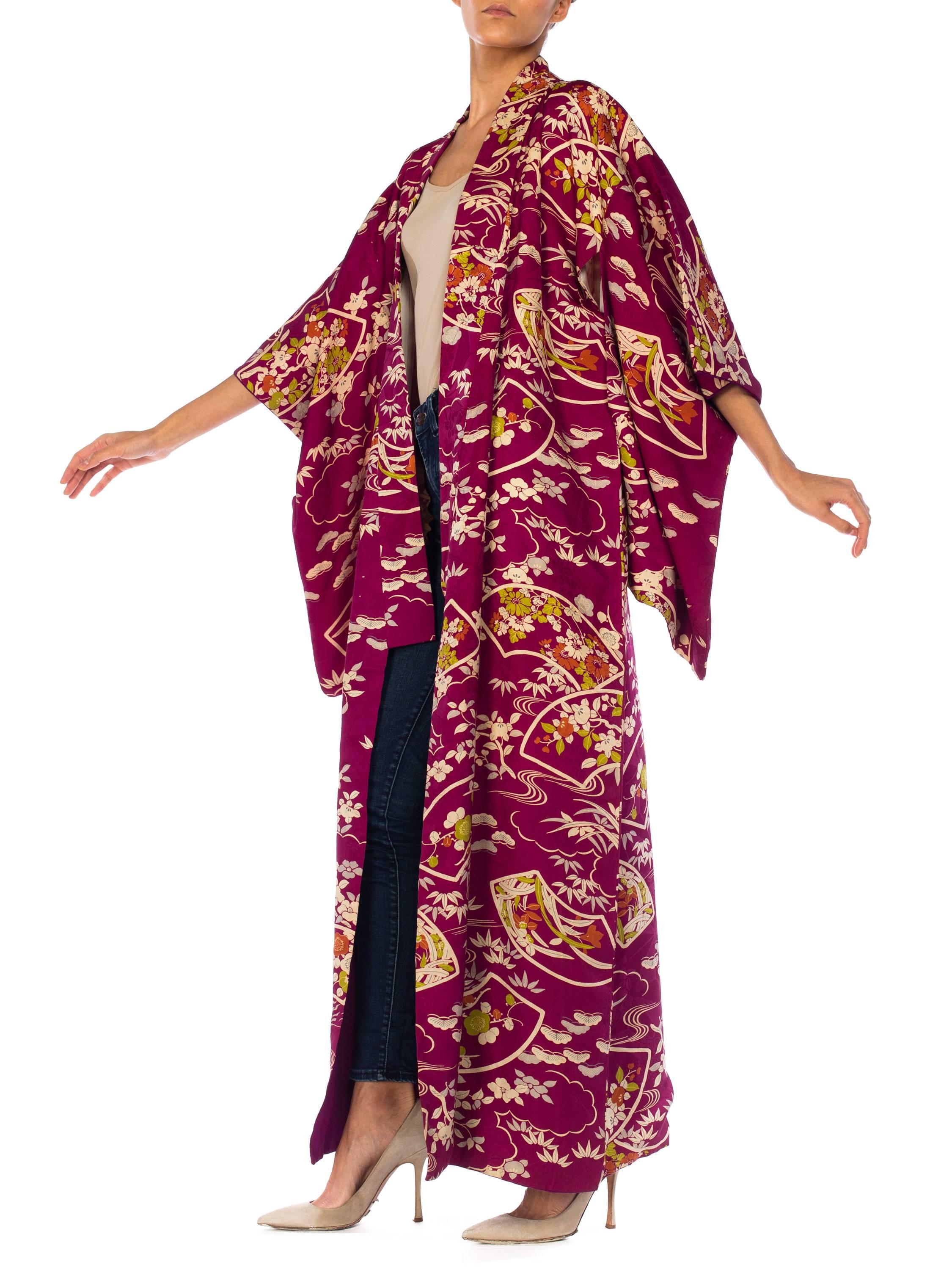 Women's 1950S Silk Deep Magenta Floral Bamboo Printed Kimono