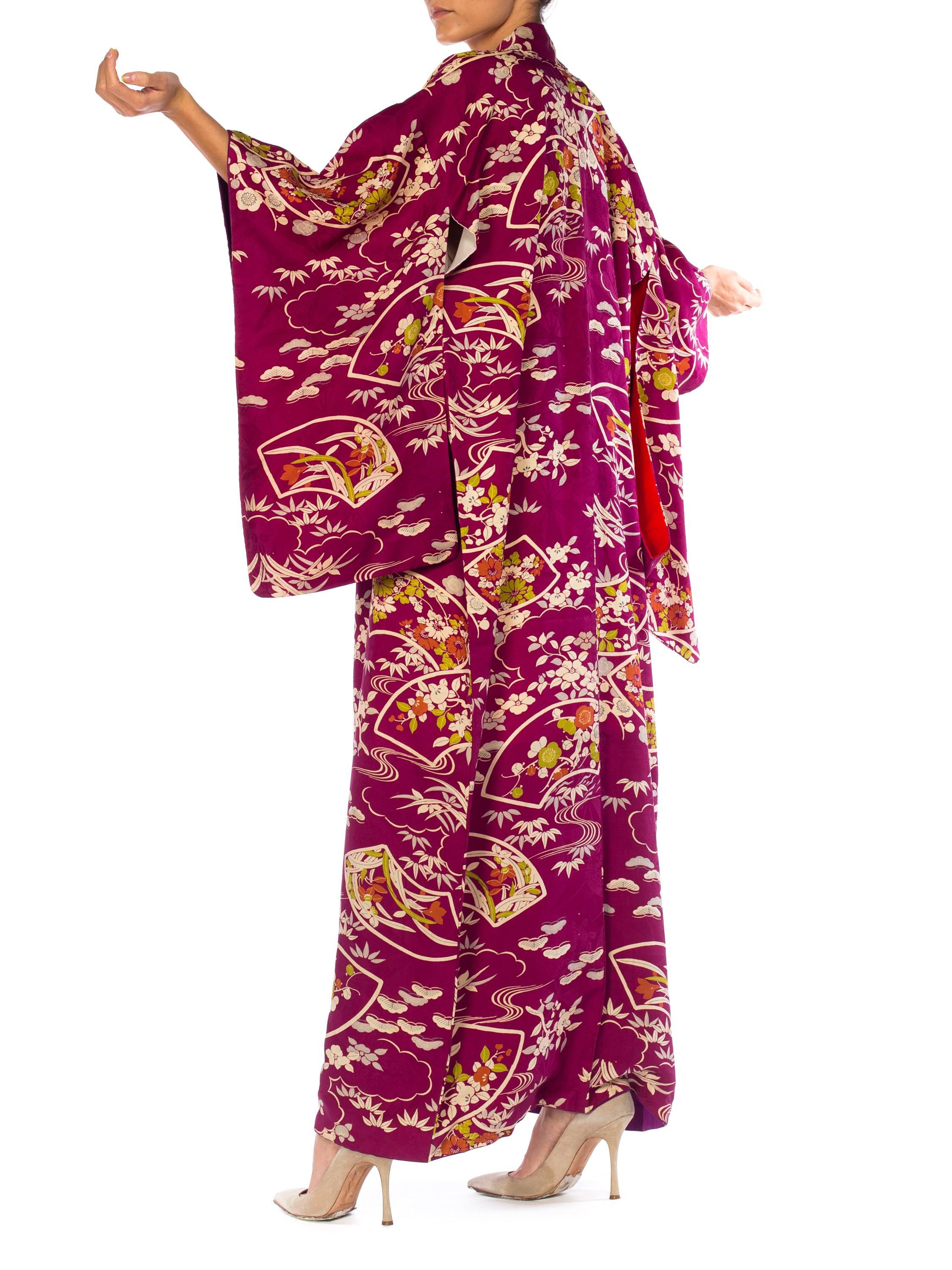 1950S Silk Deep Magenta Floral Bamboo Printed Kimono 2