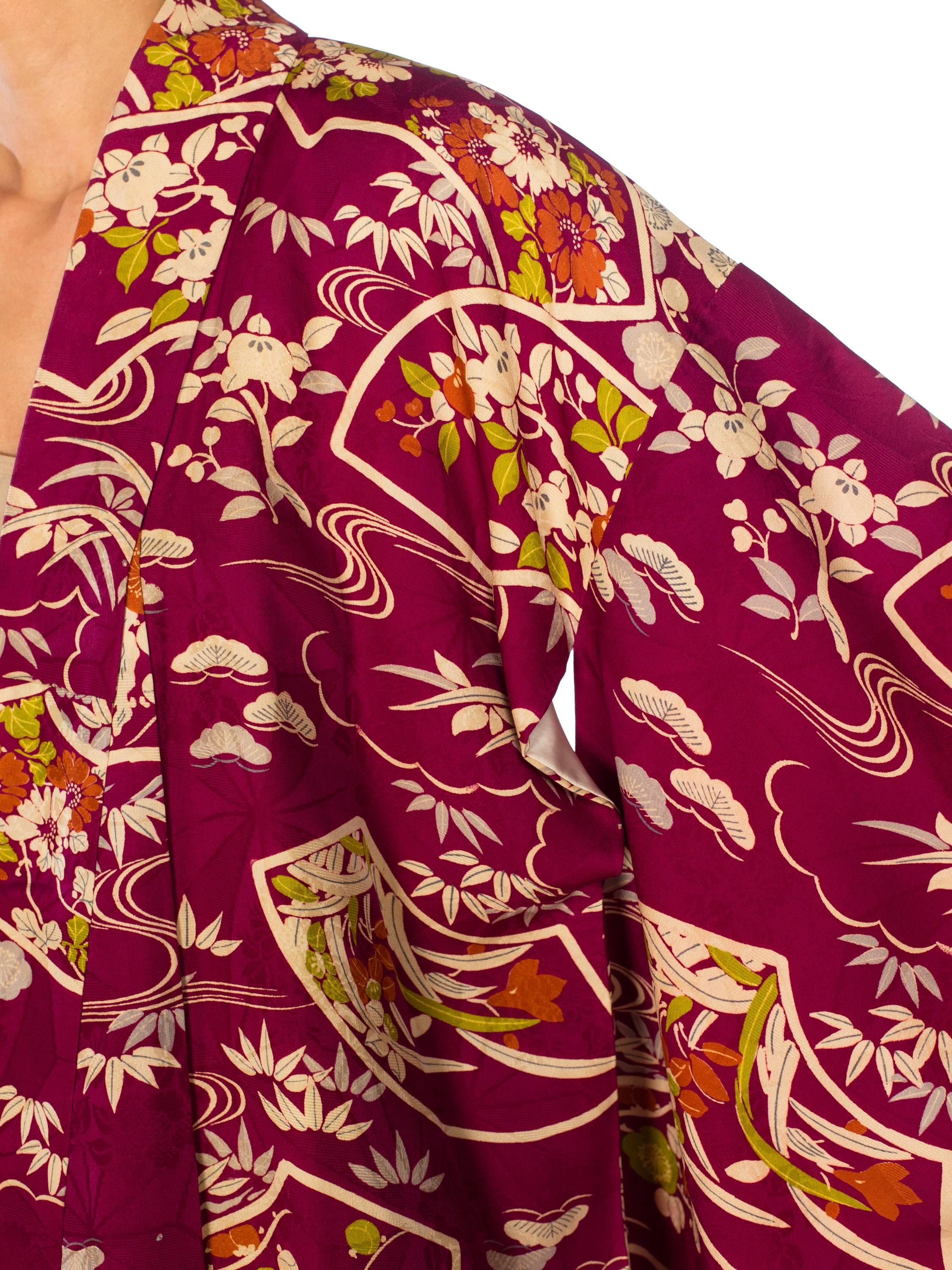 1950S Silk Deep Magenta Floral Bamboo Printed Kimono 4