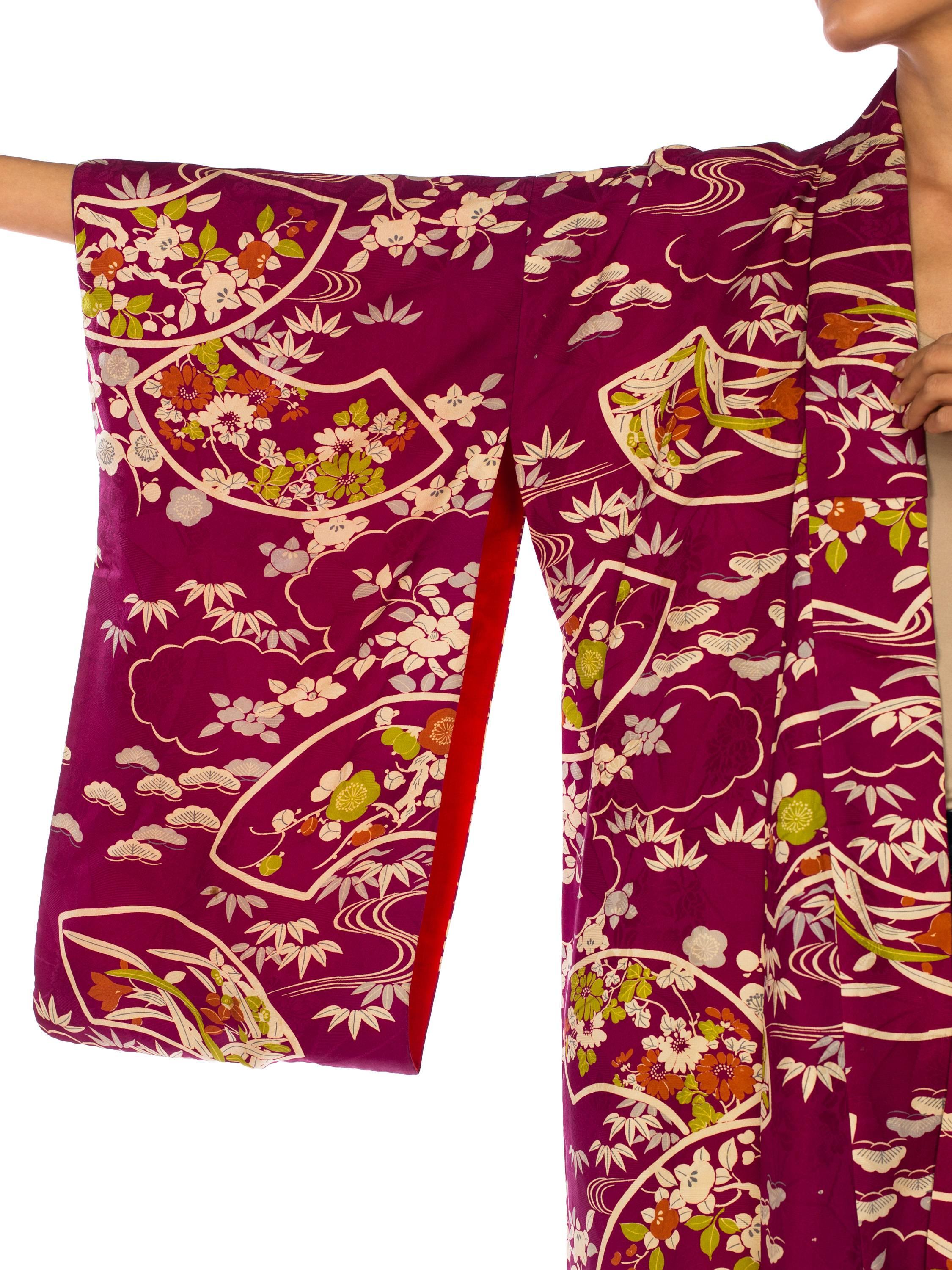 1950S Silk Deep Magenta Floral Bamboo Printed Kimono 5