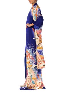 1930S Hand Painted Silk Blue Metallic Crane Floral Cherry Blossom  Kimono