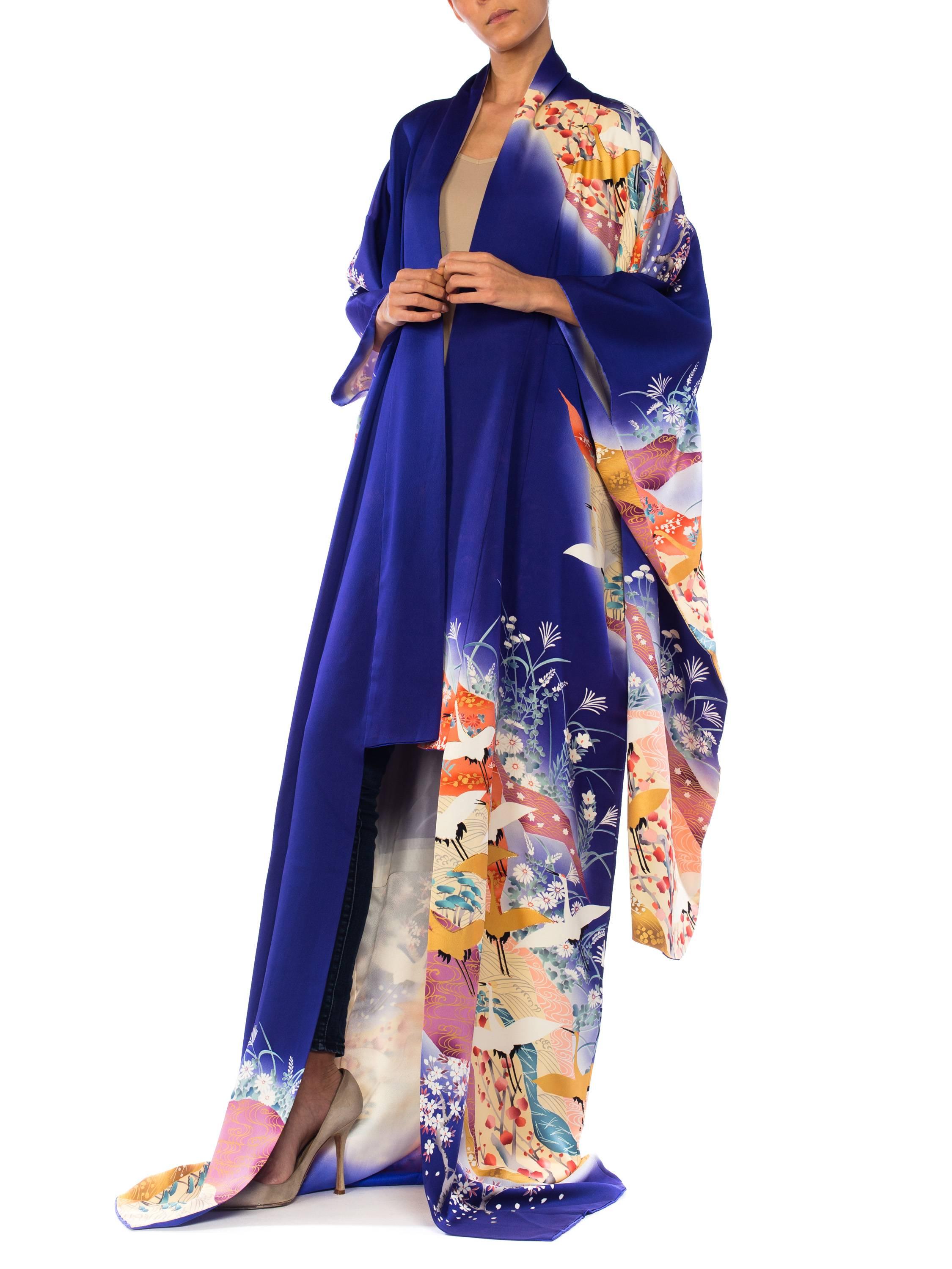 Beige 1930S Hand Painted Silk Blue Metallic Crane Floral Cherry Blossom  Kimono