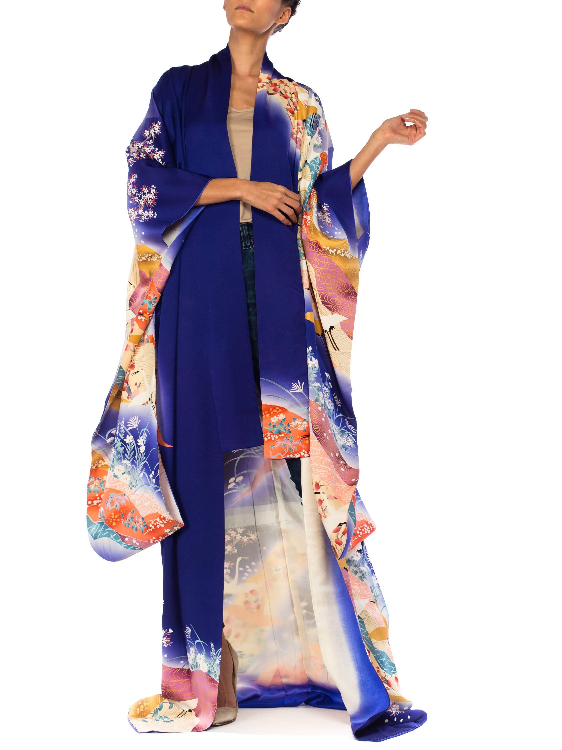 1930S Hand Painted Silk Blue Metallic Crane Floral Cherry Blossom  Kimono In Excellent Condition In New York, NY