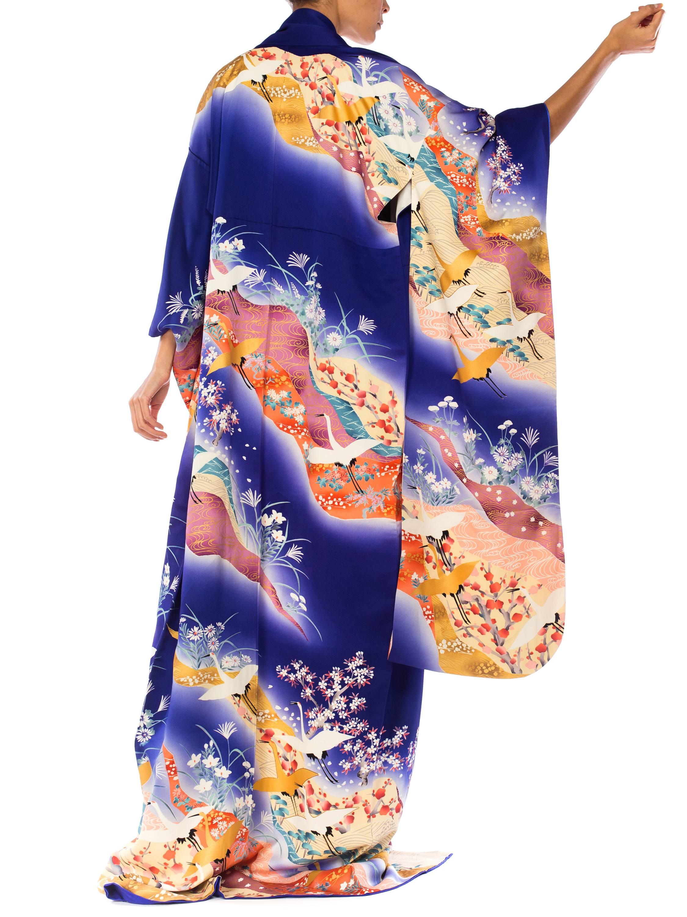 1930S Hand Painted Silk Blue Metallic Crane Floral Cherry Blossom  Kimono 1