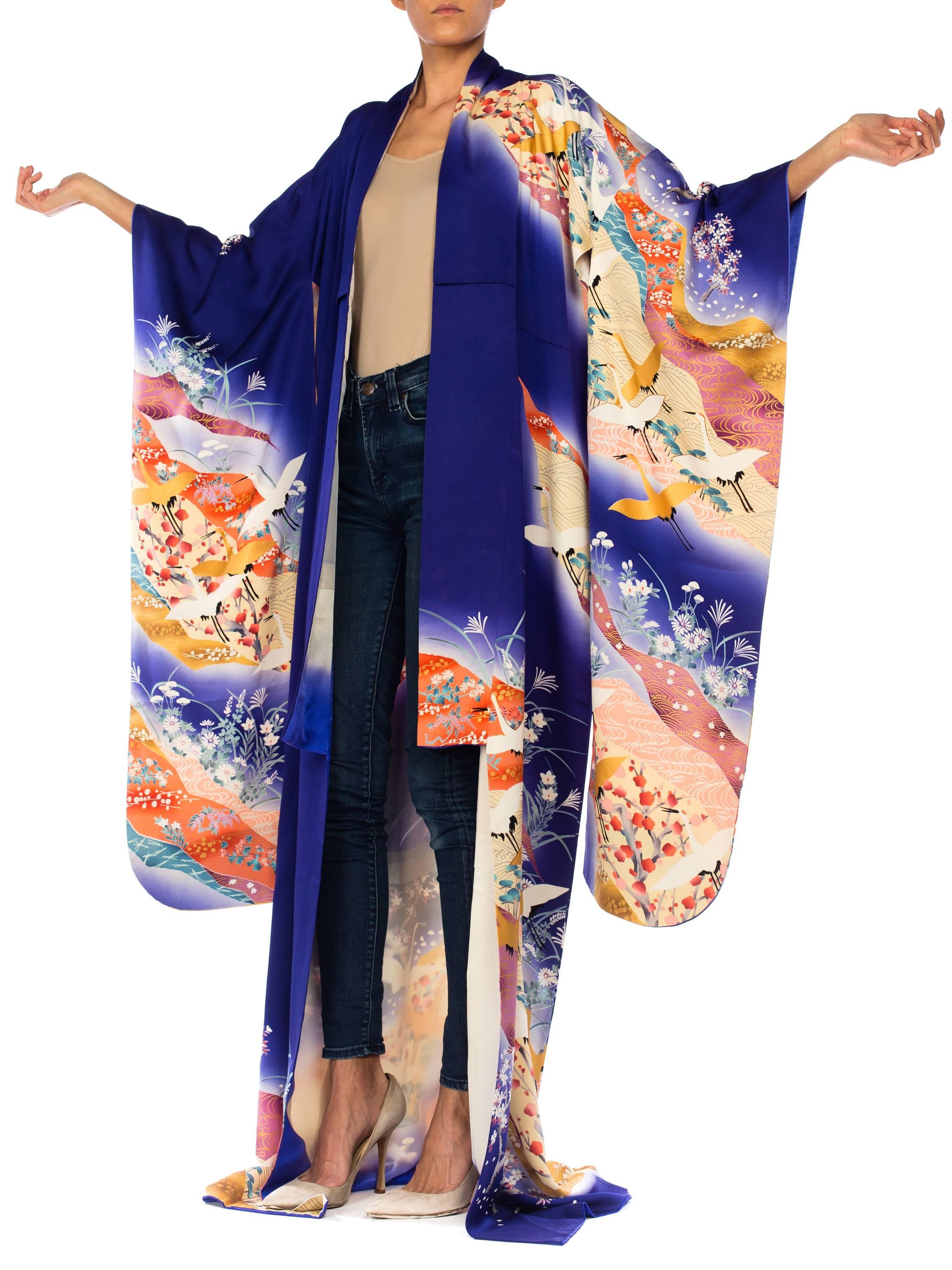 Women's 1930S Hand Painted Silk Blue Metallic Crane Floral Cherry Blossom  Kimono
