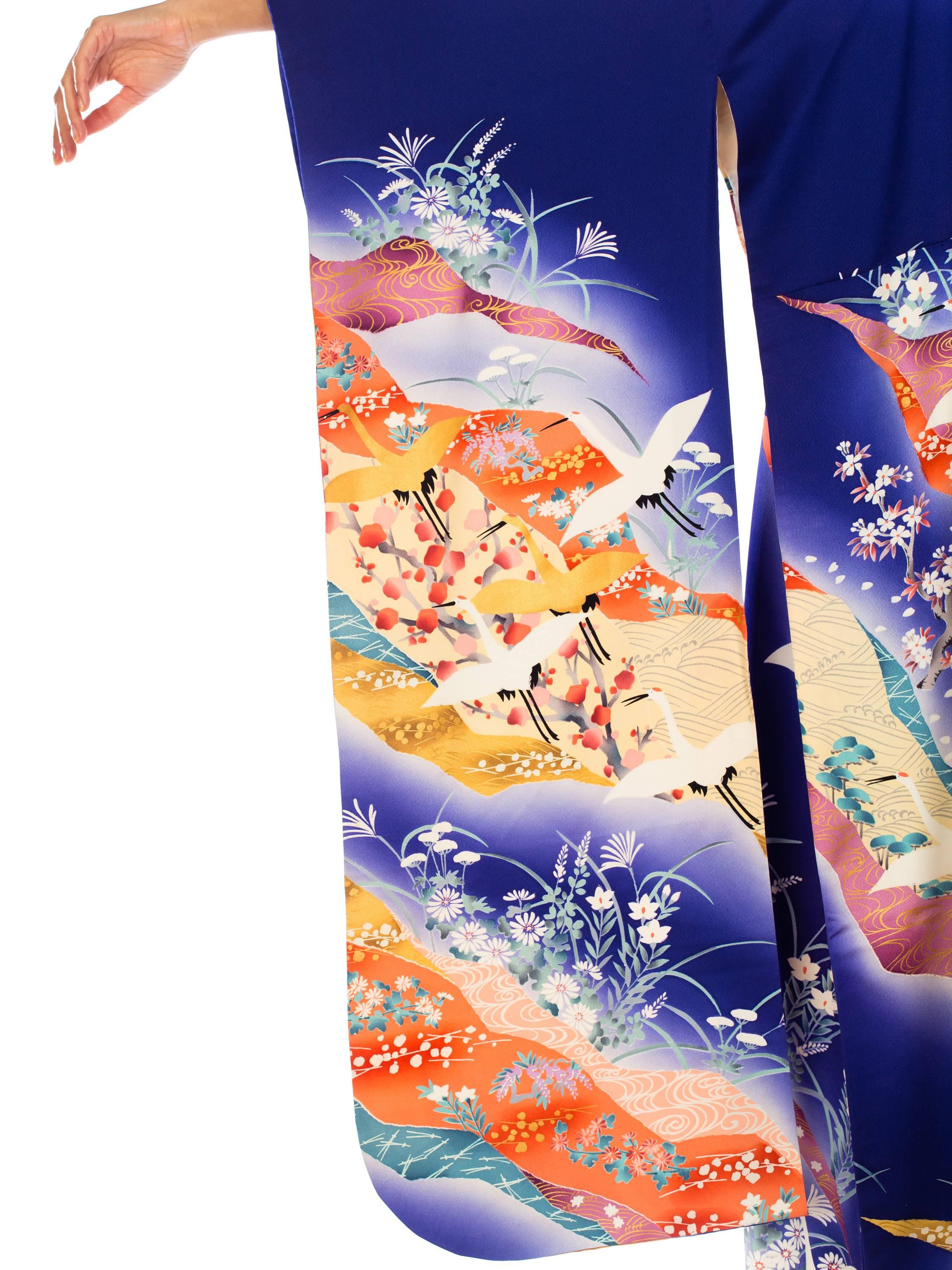 1930S Hand Painted Silk Blue Metallic Crane Floral Cherry Blossom  Kimono 2
