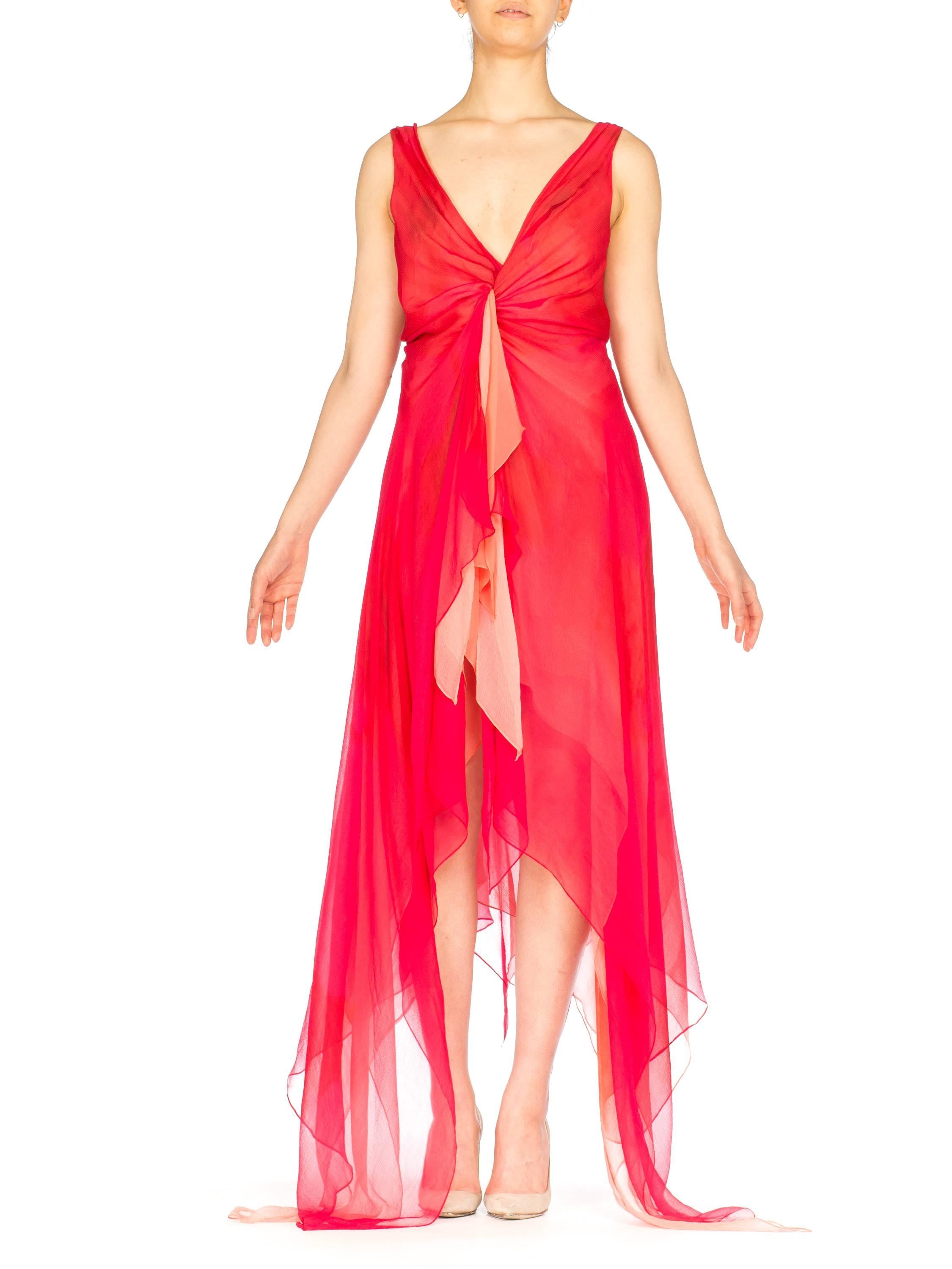 Donna Karan Layers of Red and Pink Chiffon Gown, 1990s  In Excellent Condition In New York, NY