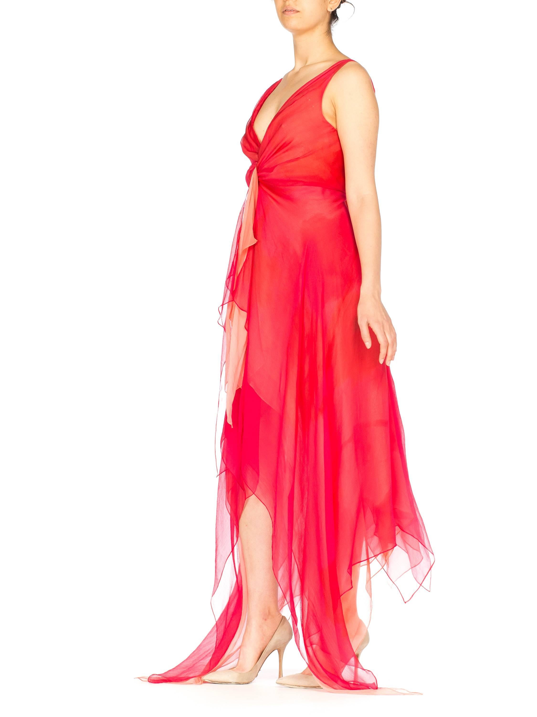 Women's Donna Karan Layers of Red and Pink Chiffon Gown, 1990s 
