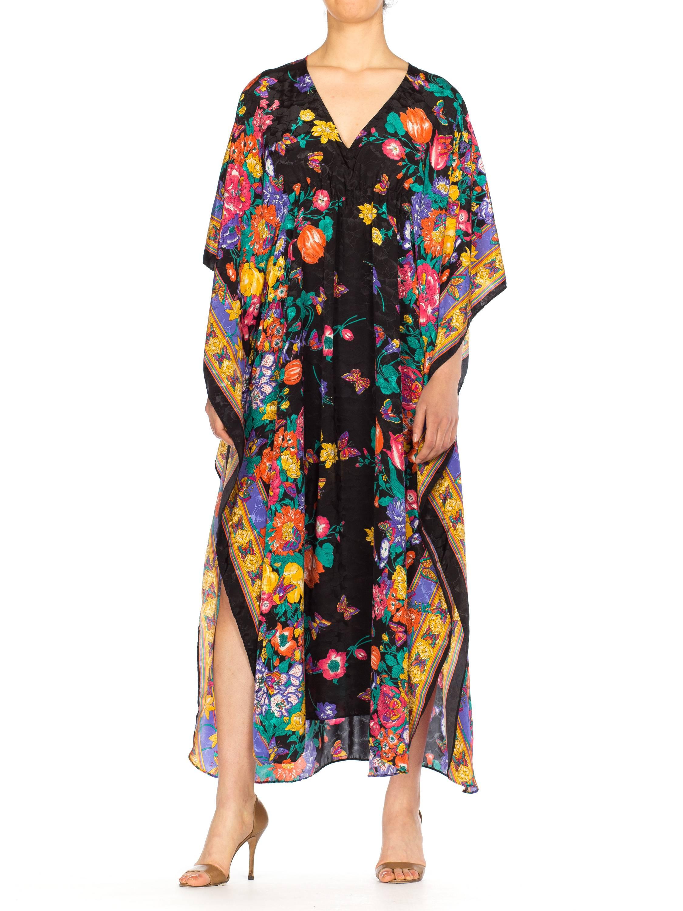 Black Satin Jacquard Floral Kaftan with Elastic Waist, 1980s  8