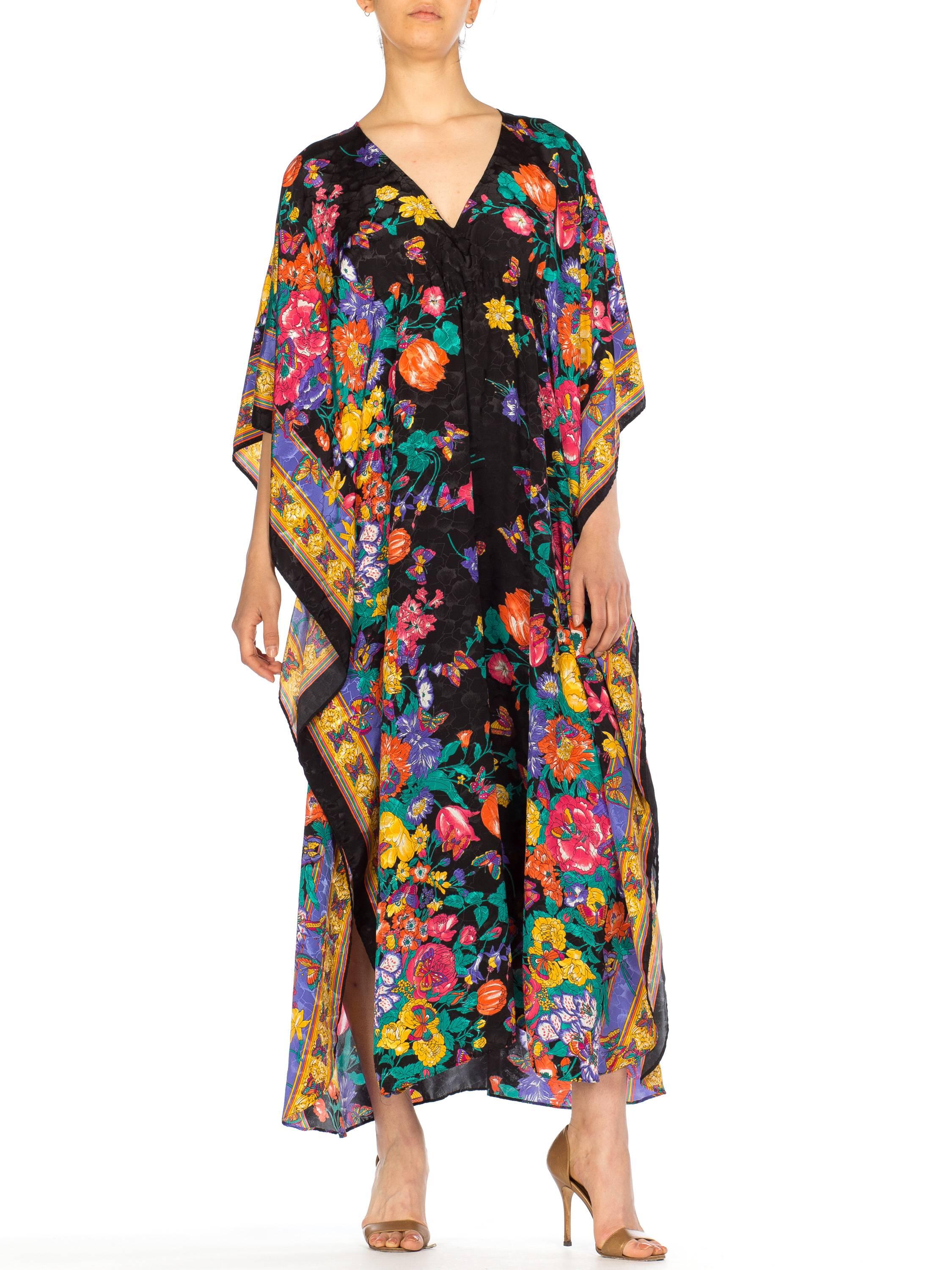 Black Satin Jacquard Floral Kaftan with Elastic Waist, 1980s  In Excellent Condition In New York, NY