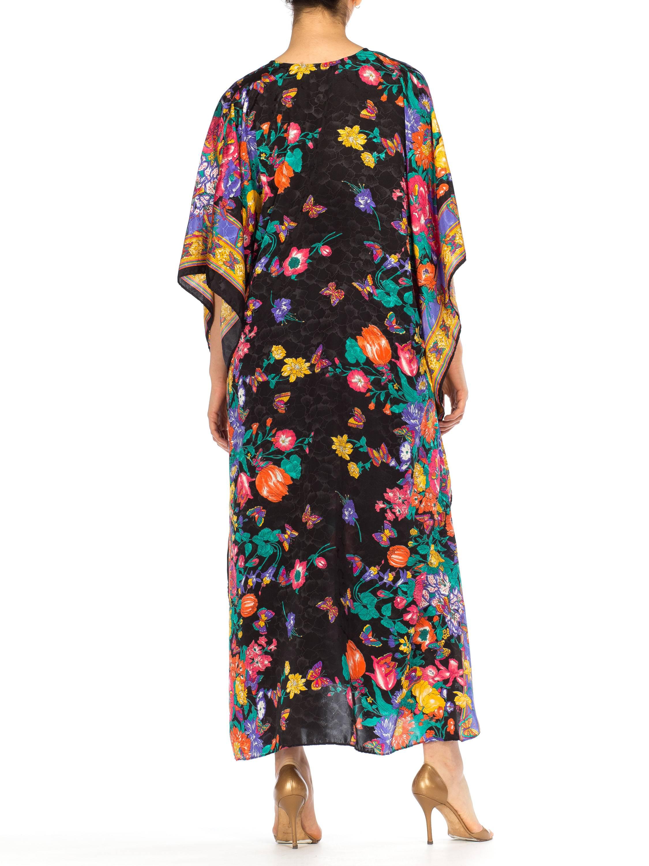 Black Satin Jacquard Floral Kaftan with Elastic Waist, 1980s  3