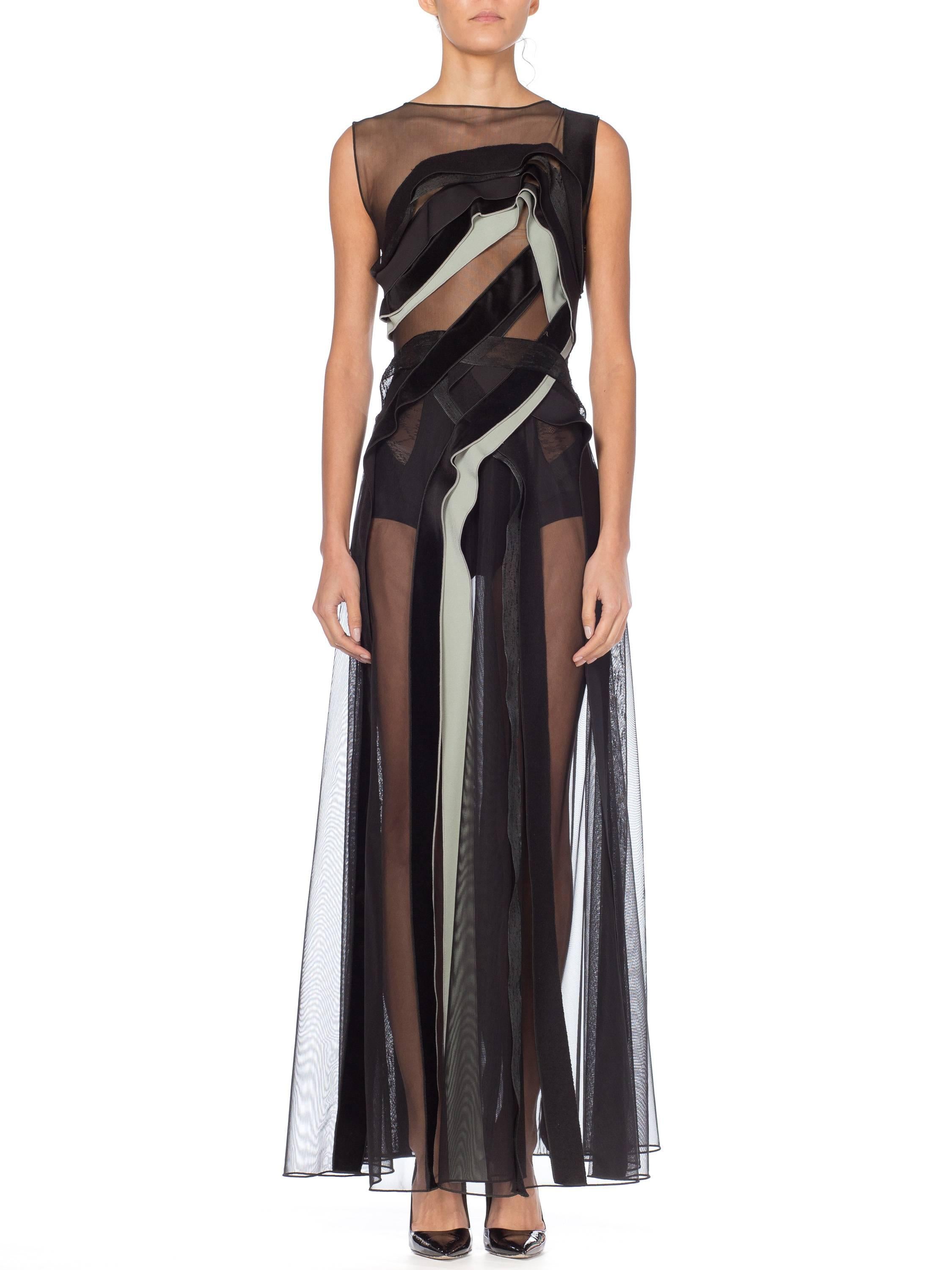 Giorgio Armani Sheer Mesh Velvet Ribbon Evening Gown 8